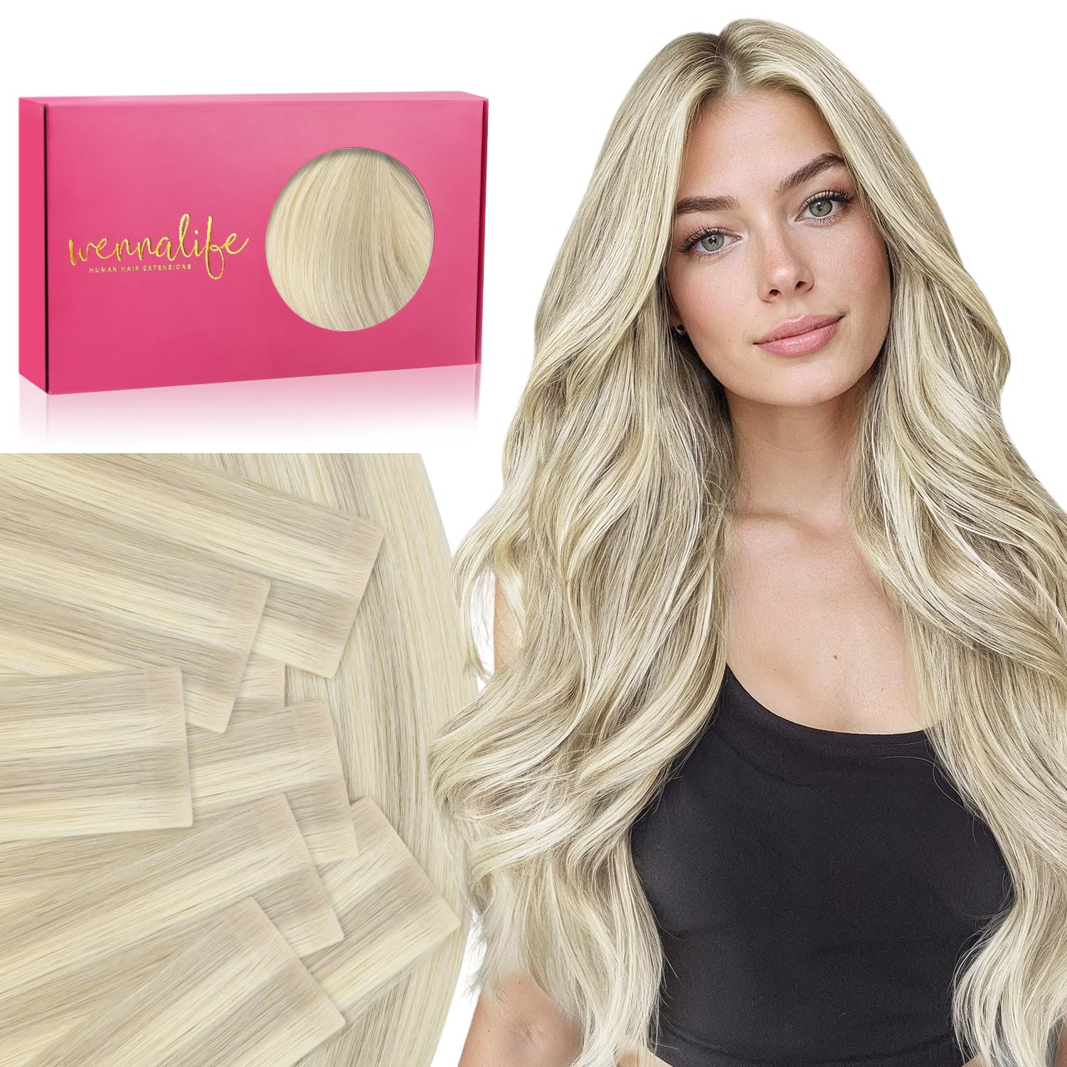 WENNALIFE Invisi Edge Tape in Hair Extensions Human Hair, 14 Inch 50g 20pcs Ash Blonde Highlighted Platinum Blonde Invisible Luxury Remy Hair Extensions Natural Seamless Injected Tape Ins Straight