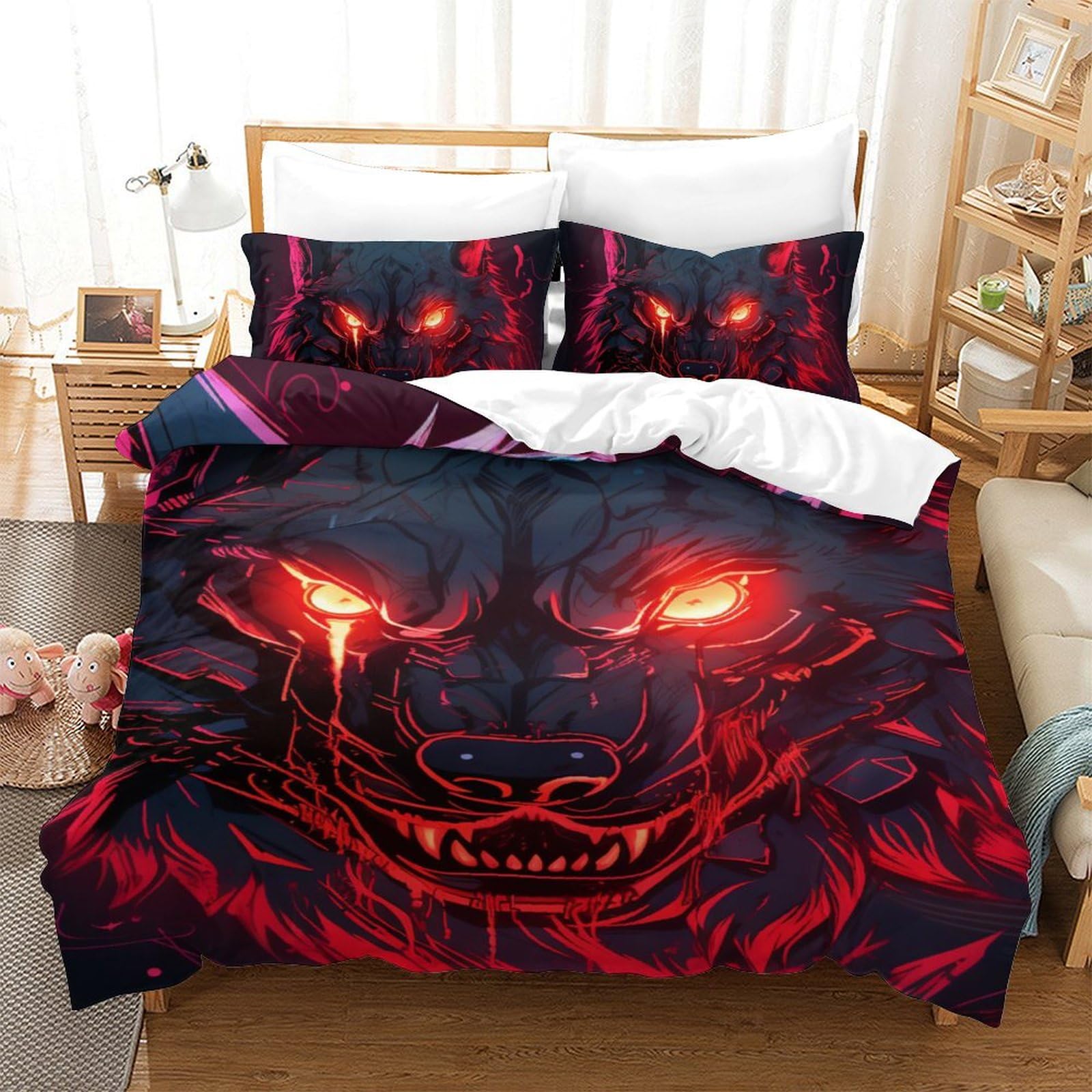GXYUAOIEF Wolf 3D Printed Quilt Cover Set 3 Pieces Bedding Soft Microfiber with Zipper Closure，Pillowcases for Teens And Adults Single（140x200cm）