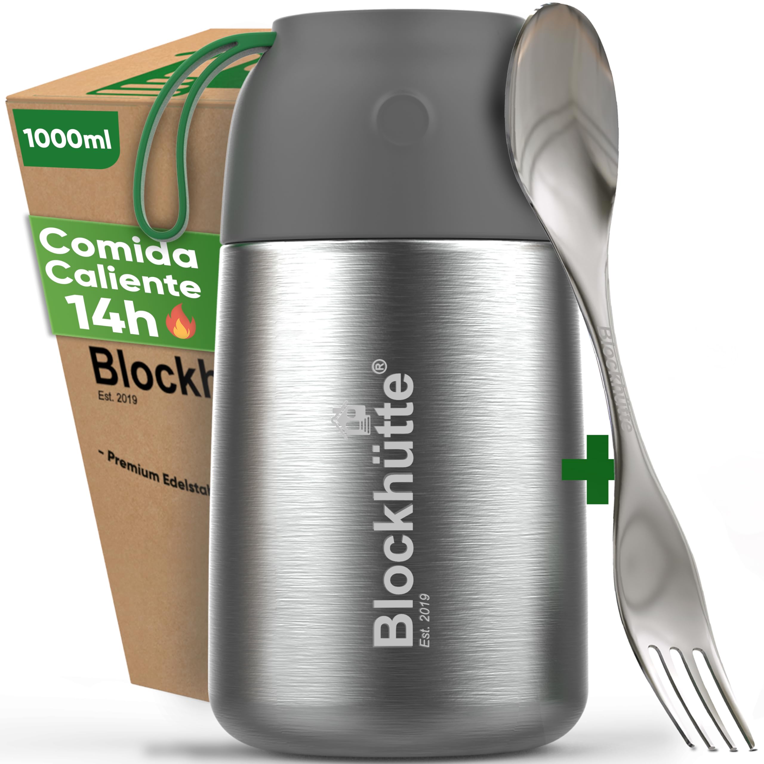 Blockhütte Termo Comida Caliente de acero inox I 1L I Con Cepillo y Cuchara - Termo para Comida Caliente até 14 h - Fiambrera Termica para adultos y niños - Recipientes Termicos