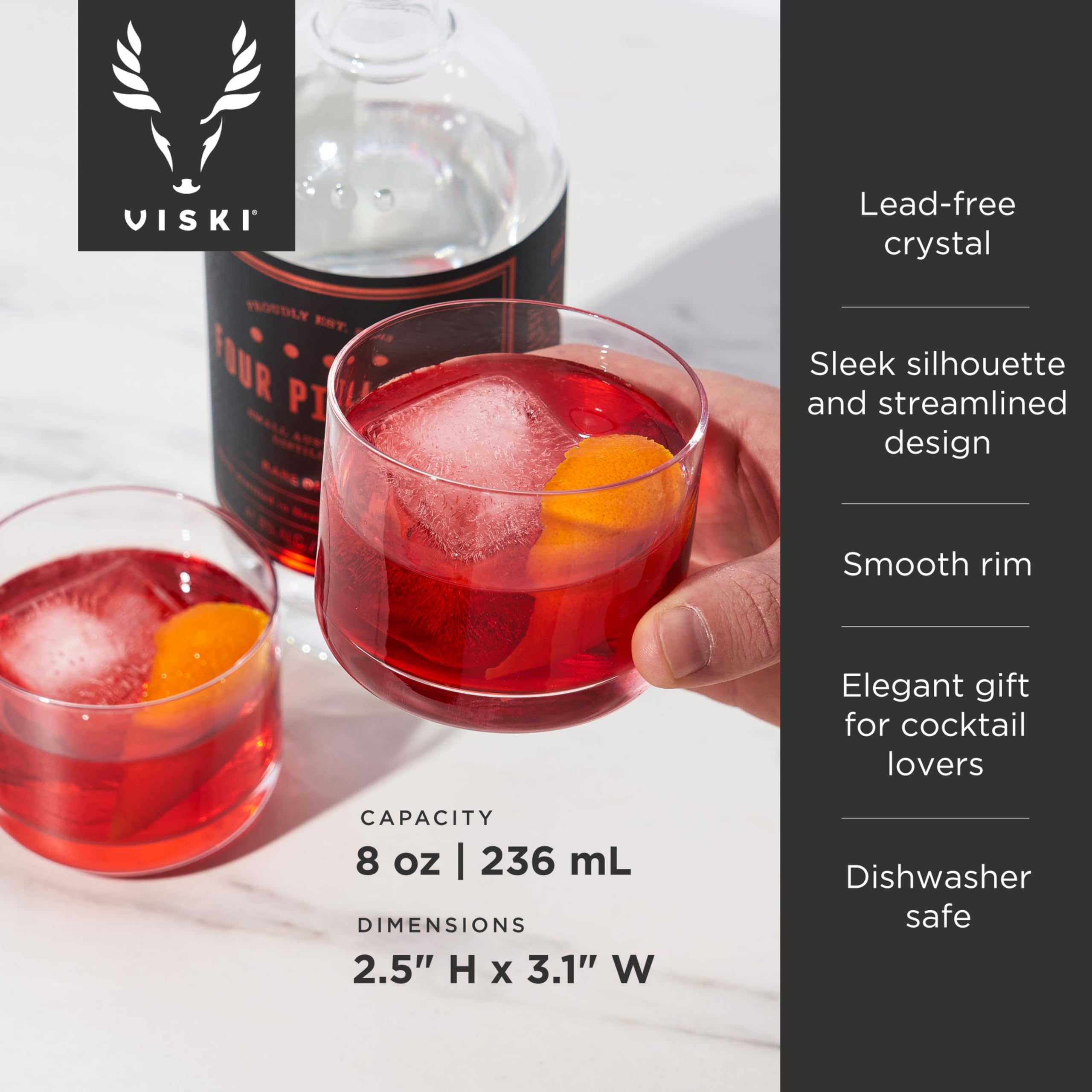 Viski Kryształowe kubki Negroni zestaw 2 sztuk, bezołowiowe szkło kryształowe premium, stylowe szklanki koktajlowe Lowball, zestaw upominkowy, 237 ml