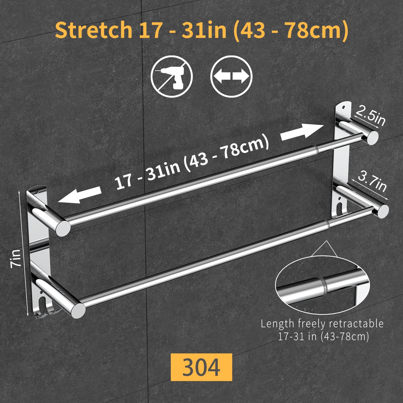 Amazon.com: Stretchable 16-30 Inches Towel Bar for Bathroom Kitchen Hand  Towel Holder Dish Cloths Hanger SUS304 Stainless Steel RUSTPROOF Wall Mount  No Drill Sdjustable (Two BAR) : Tools u0026 Home Improvement