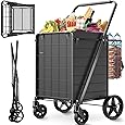 Large Folding Shopping Cart with Swivel Wheels & Brakes - 420lbs Foldable Rolling Grocery Cart with Double Basket & Waterproof Liner, Portable Heavy Duty Utility Carts for Laundry
