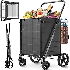 Large Folding Shopping Cart with Swivel Wheels & Brakes - 420lbs Foldable Rolling Grocery Cart with Double Basket & Waterproof Liner, Portable Heavy Duty Utility Carts for Laundry