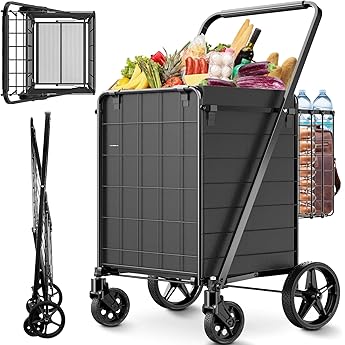 Large Folding Shopping Cart with Swivel Wheels & Brakes - 420lbs Foldable Rolling Grocery Cart with Double Basket & Waterproof Liner, Portable Heavy Duty Utility Carts for Laundry