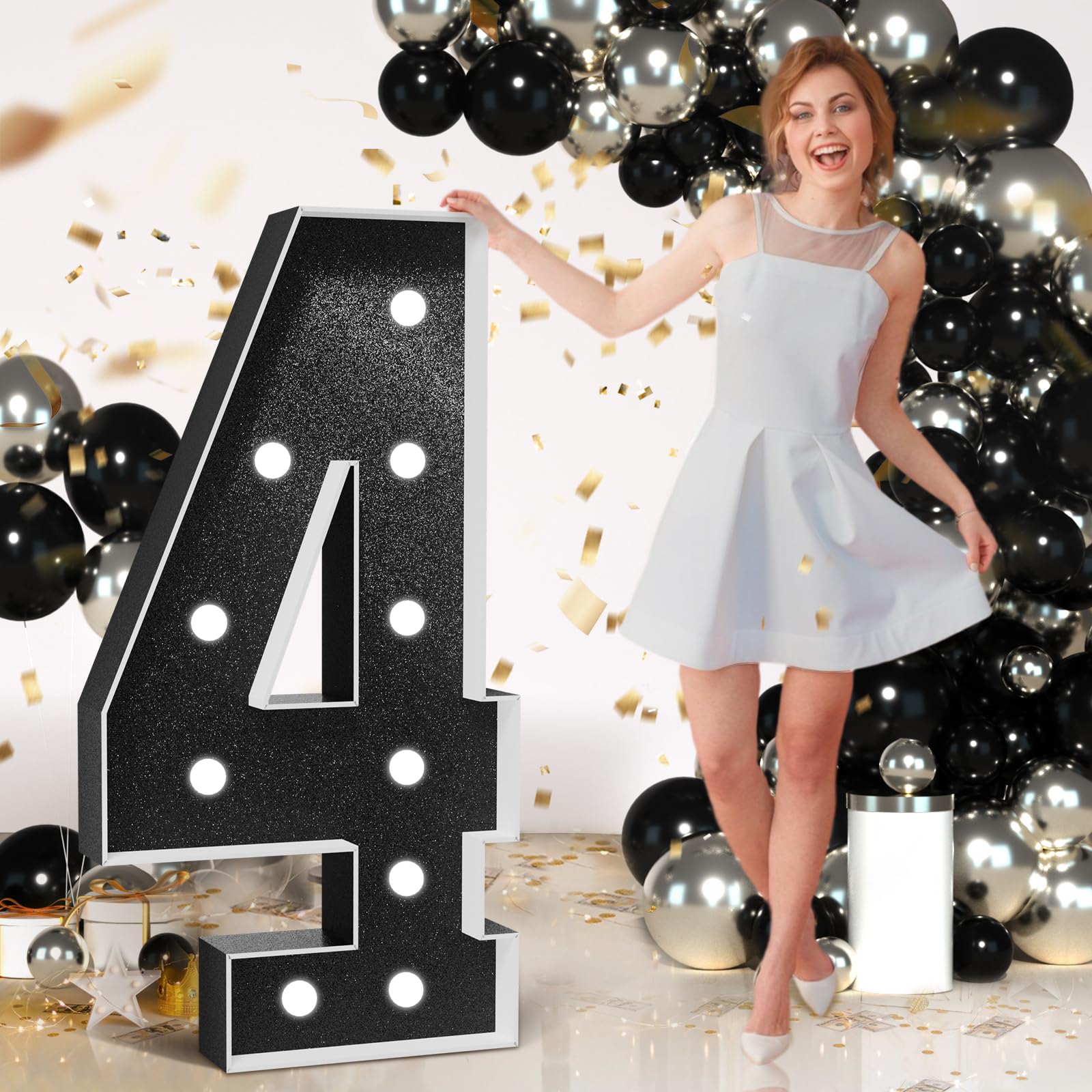 Marquee Numbers Black Birthday Decorations: Large 4 Feet Tall Light Up Numbers 4th 40th Party Decor Big Mosaic Cardboard Number 4