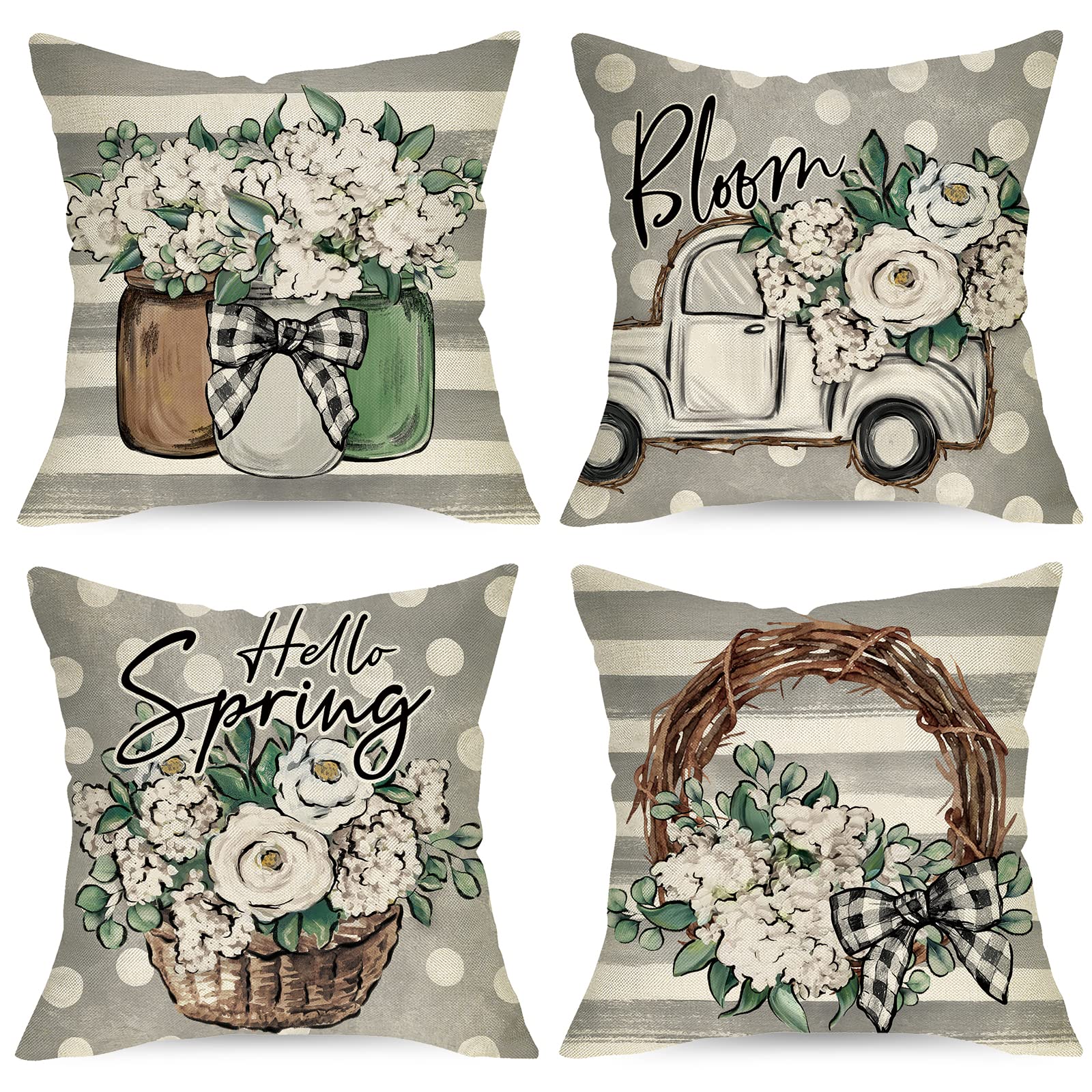 UssapHello Spring Hydrangea Flowers Decorative Throw Pillow Covers 18 x 18 Set of 4, Grey Bloom Floral Truck Wreath Mason Jar Cushion Case Decor, Polka Dots Stripes Farmhouse Sofa Couch Decoration