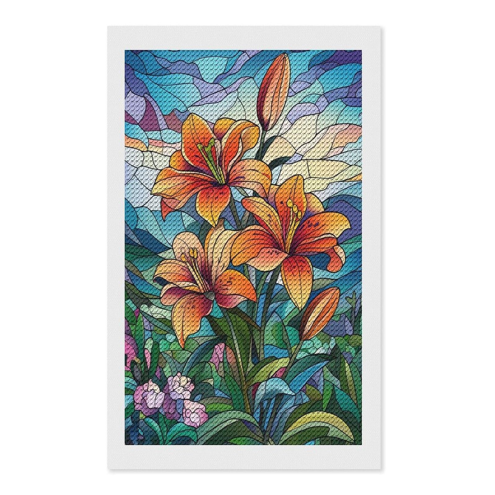Junmoney Stained Glass Lilies Diamond Painting Canvas Set 12"x20", with Tool Kit, Easy to Enjoy, Home Wall Decor, Thoughtful Handmade Gift