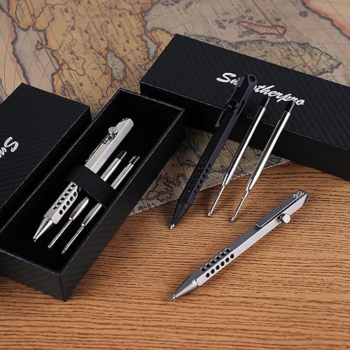 Miniatura 12 de SMOOTHERPRO Bolígrafo de acción de perno de latón macizo con repuesto extra hexagonal de seis bordes ahuecados para bolsillo EDC Color Retro Negro