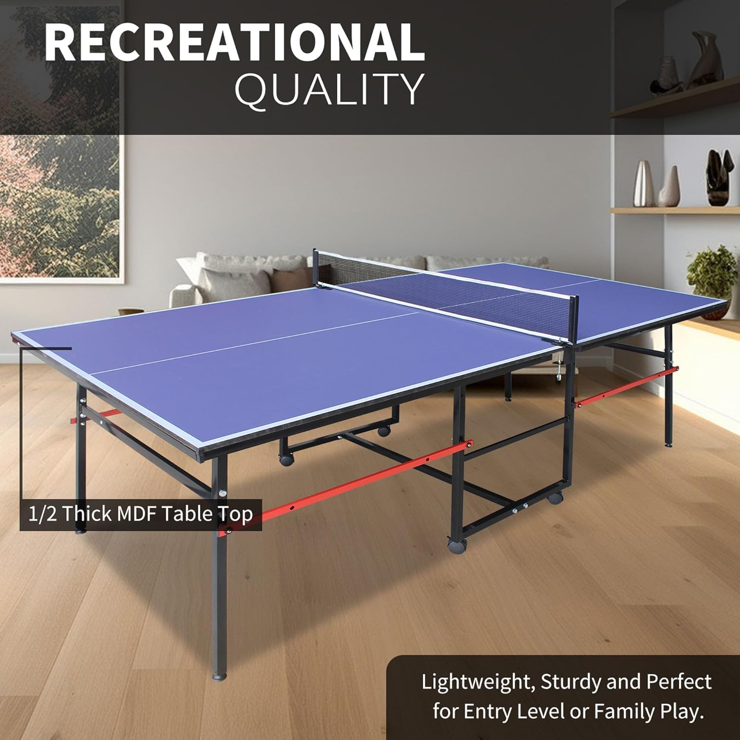 8 Ft Ping Pong Table Foldable for Outdoor Indoor, Mid-Size Portable Ping Pong Table Set, Table Tennis Table with Net / 2 Tennis Paddles / 3 Balls for Adults Teens, Easy Assembly & Store