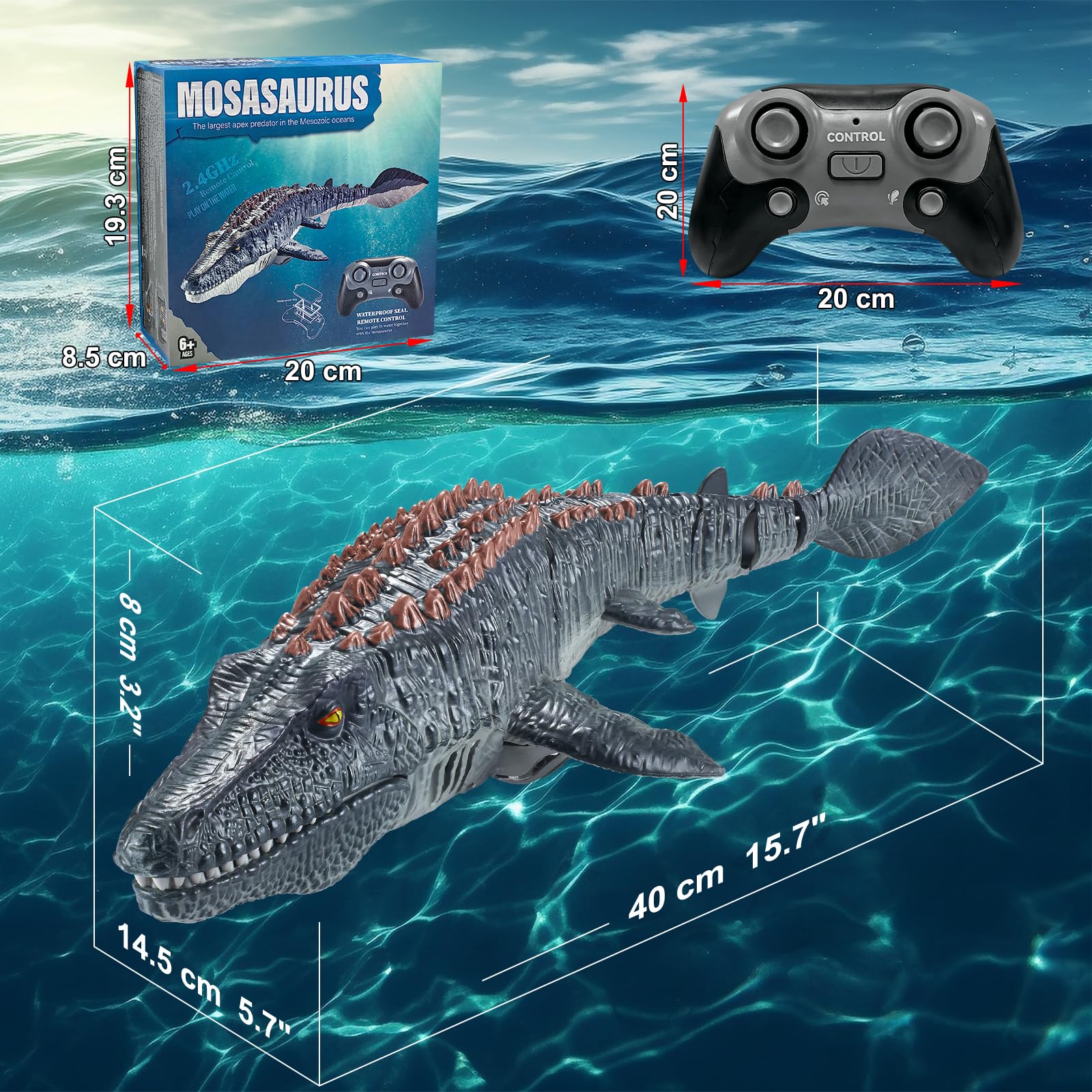 Barca Telecomandata Mosasaurus 2.4GHz con Luce & Spray, RC Barca Telecomandata Dinosaur per Bambini, Regalo di Natale e Compleanno, Piscine e Laghi Giocattolo Spruzzare Acqua (Grigio)