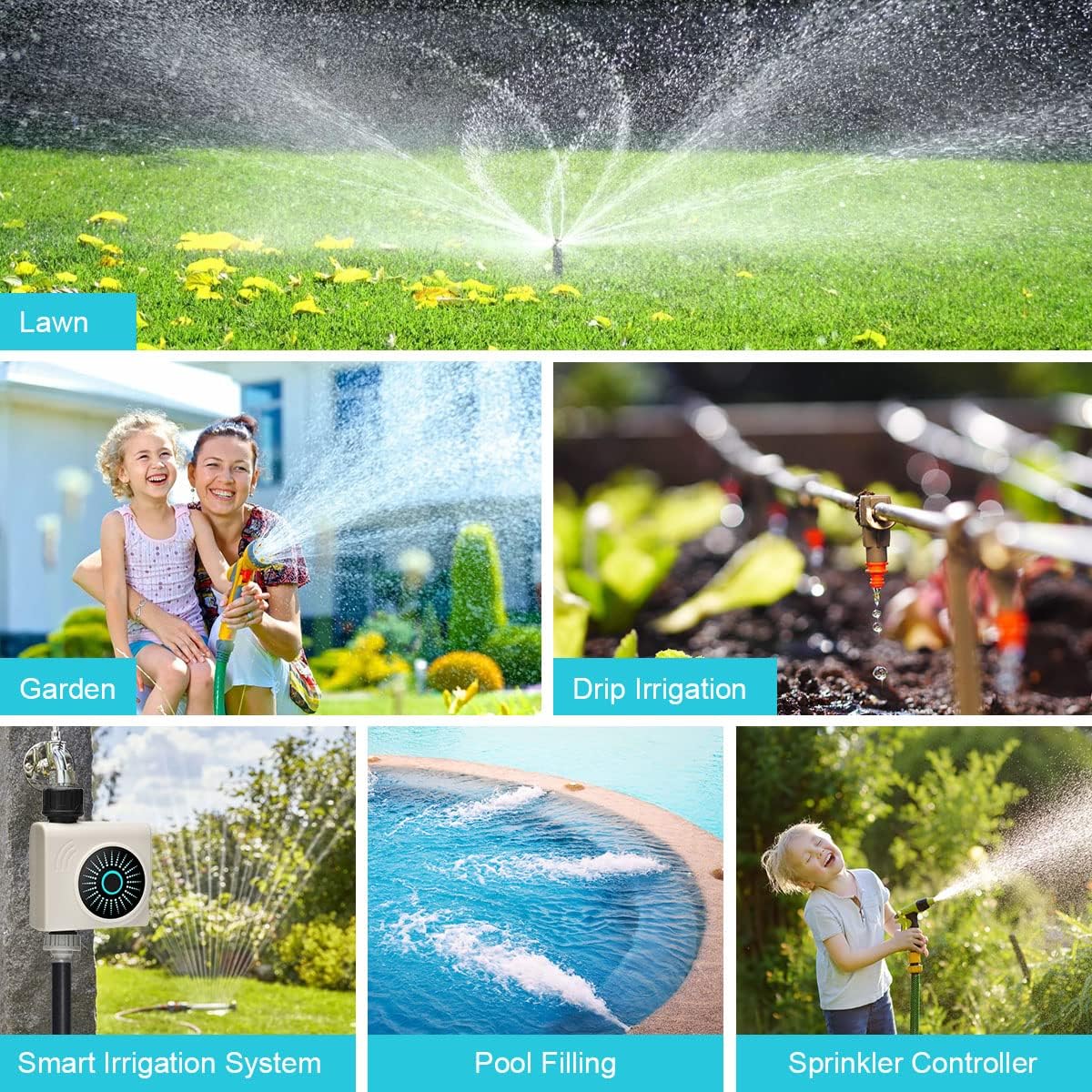 The johgee Bluetooth Water Timer connected to a faucet with rain falling, and a smartphone screen showing 'Rainy mode' activated, indicating watering is paused.