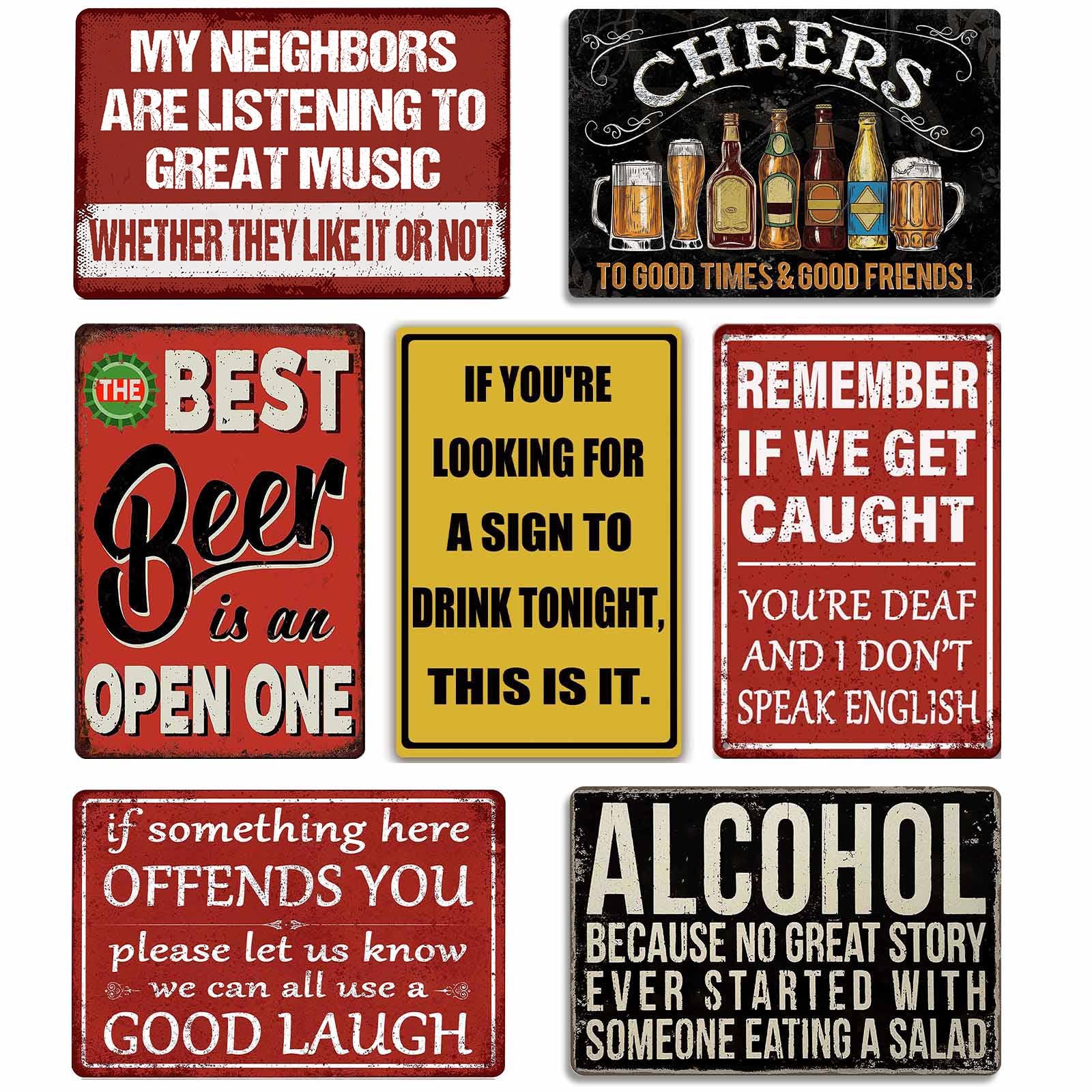 Funny Bar Signs for Home Bar Wall Art - Man Cave Decor Garage Signs for Men - Vintage Metal Tin Signs 7-Piece Set - Basement Pub Wall Decor Gifts 8x12 Inch