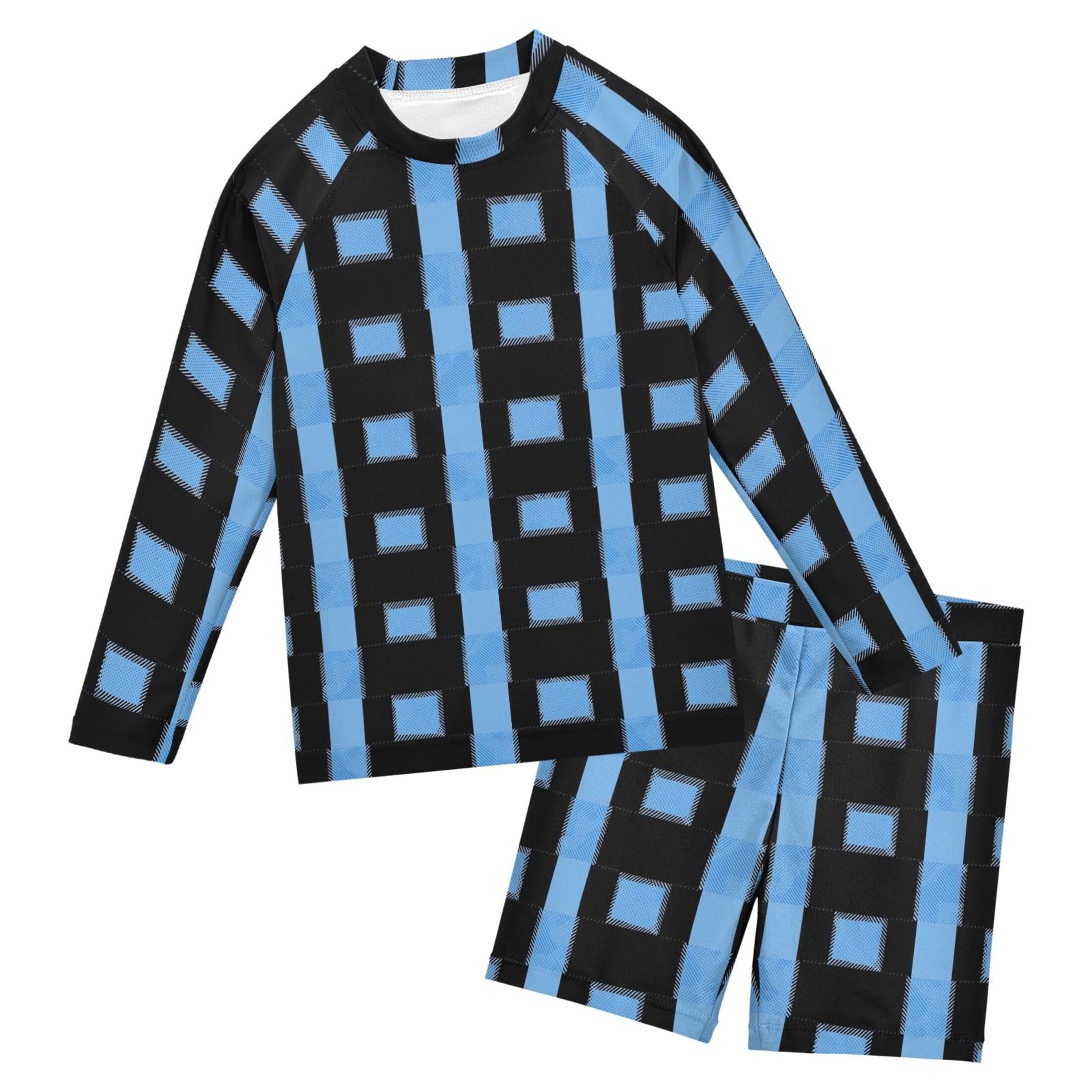 Blue Buffalo Check Plaid Baby Boys' Toddler Long Sleeved Rashguard Swim Bathing Suit Set B0403949