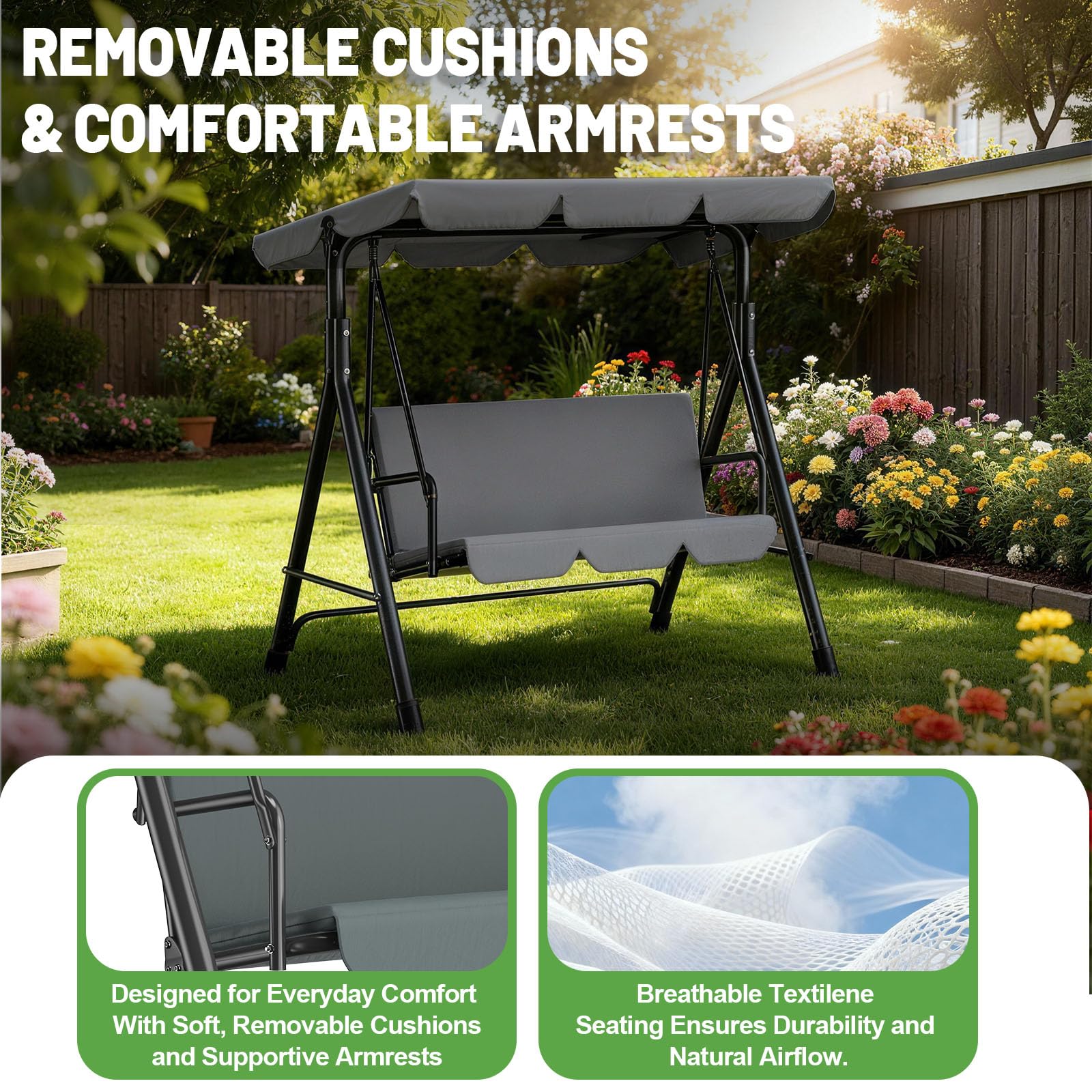 Hollywoodschaukel 3-Sitzer Outdoor mit Verstellbarem Sonnendach – Gartenschaukel mit Komfortabler Polsterung, Bis 200kg Belastbar & Teslin-Sitz – Maße 193x110x152cm,Grau