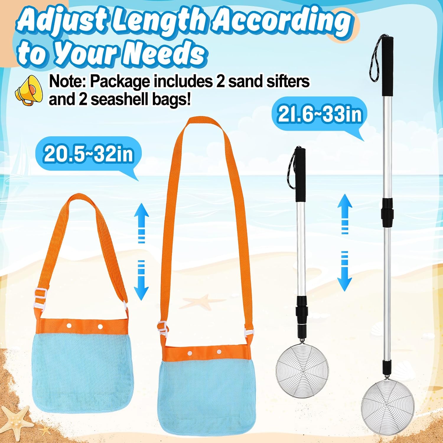 2 Pack Sand Sifter with Seashell Bags - 21.6"~33" Adjustable Shark Tooth Sifter for The Beach Seashell Collecting, Mesh Shovel Scooper with Retractable Handle, Beach Toys for Adults Family Kids