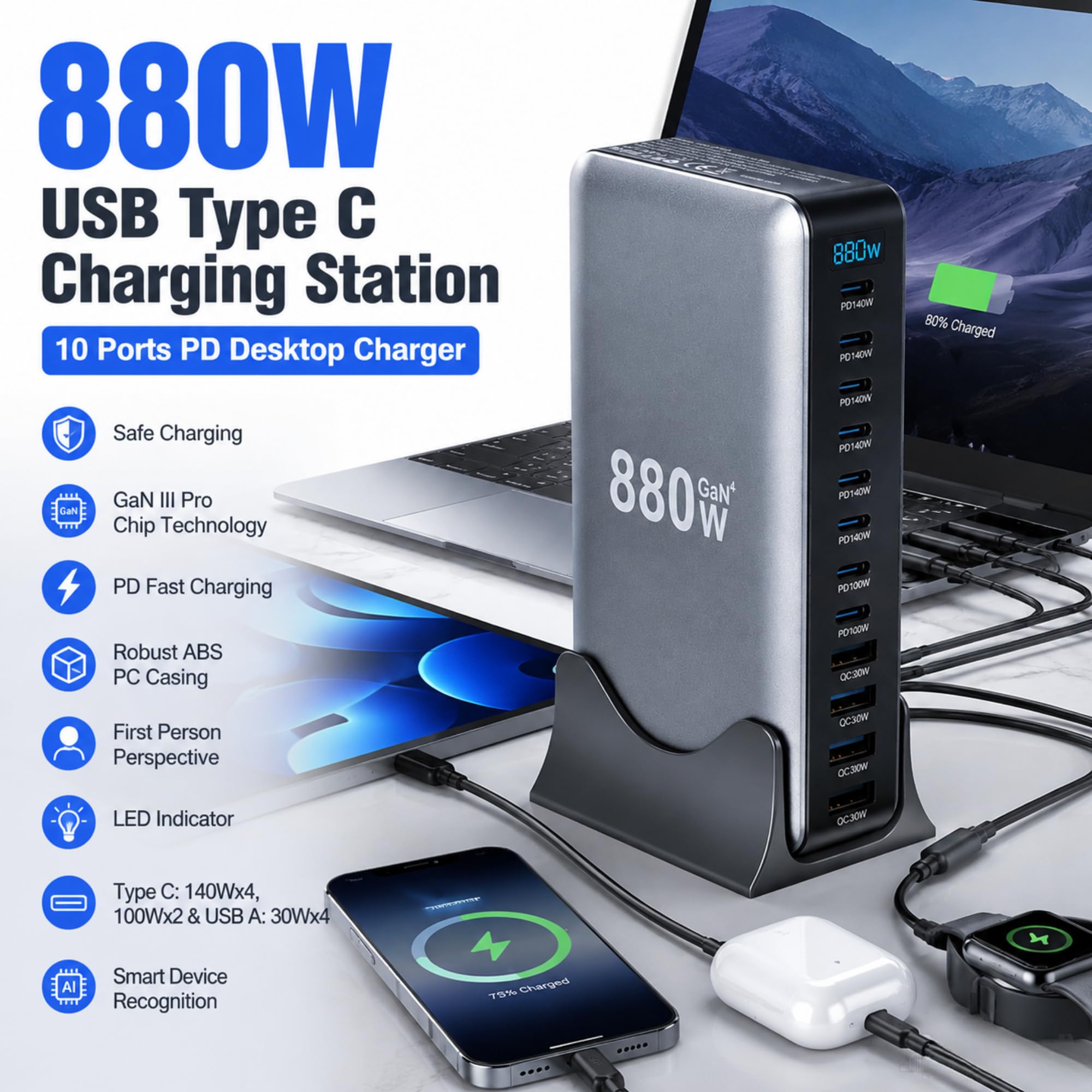 880W USB C ładowarka GaN III Pro 10-portowa ładowarka USB, 140Wx4 100Wx2 PD szybka ładowarka kompatybilna z/komputerem stacjonarnym/laptopami/telefonem (wtyczka europejska)