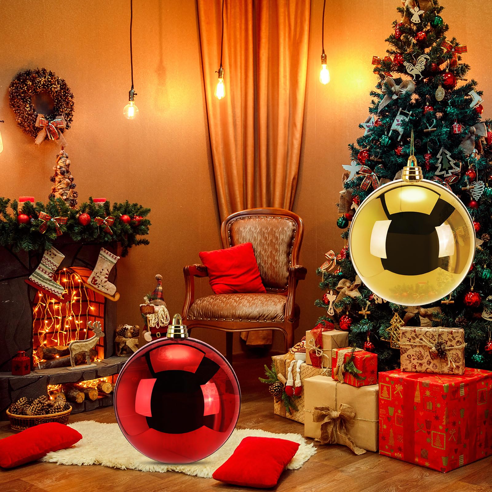 Riesige Weihnachtskugeln, 30,5 cm, extra große Weihnachtsbaumkugeln, rot, grün und gold, Kunststoffkugeln, hängende Ornamente für Weihnachtsbaum, Innen- und Außenbereich, Party-Dekoration (Rotgold), 2
