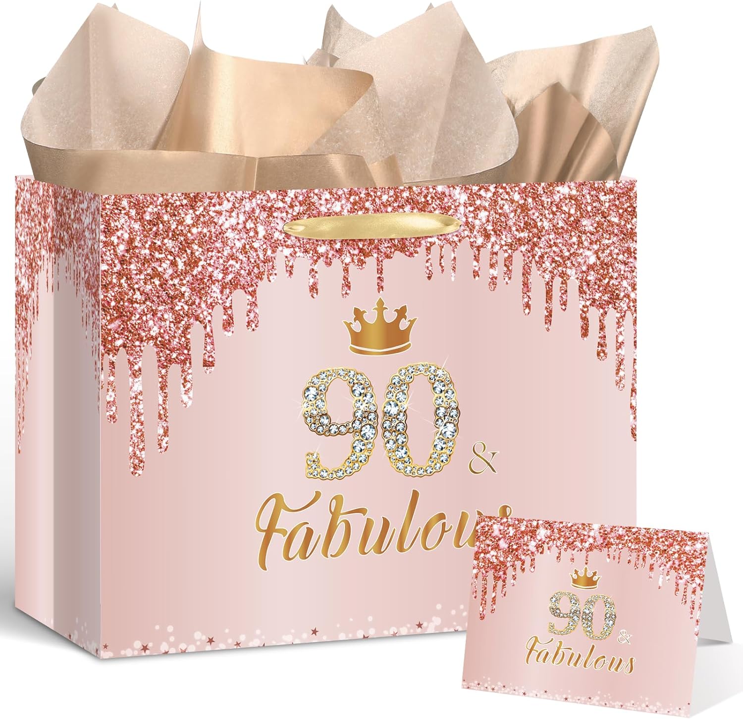 Yoirrat Rose Gold 90 Birthday Gift Bag for Women - Large Pink Happy 90th Birthday Gift Bag with Wrapping Paper and Card for Decorations Party Supplies