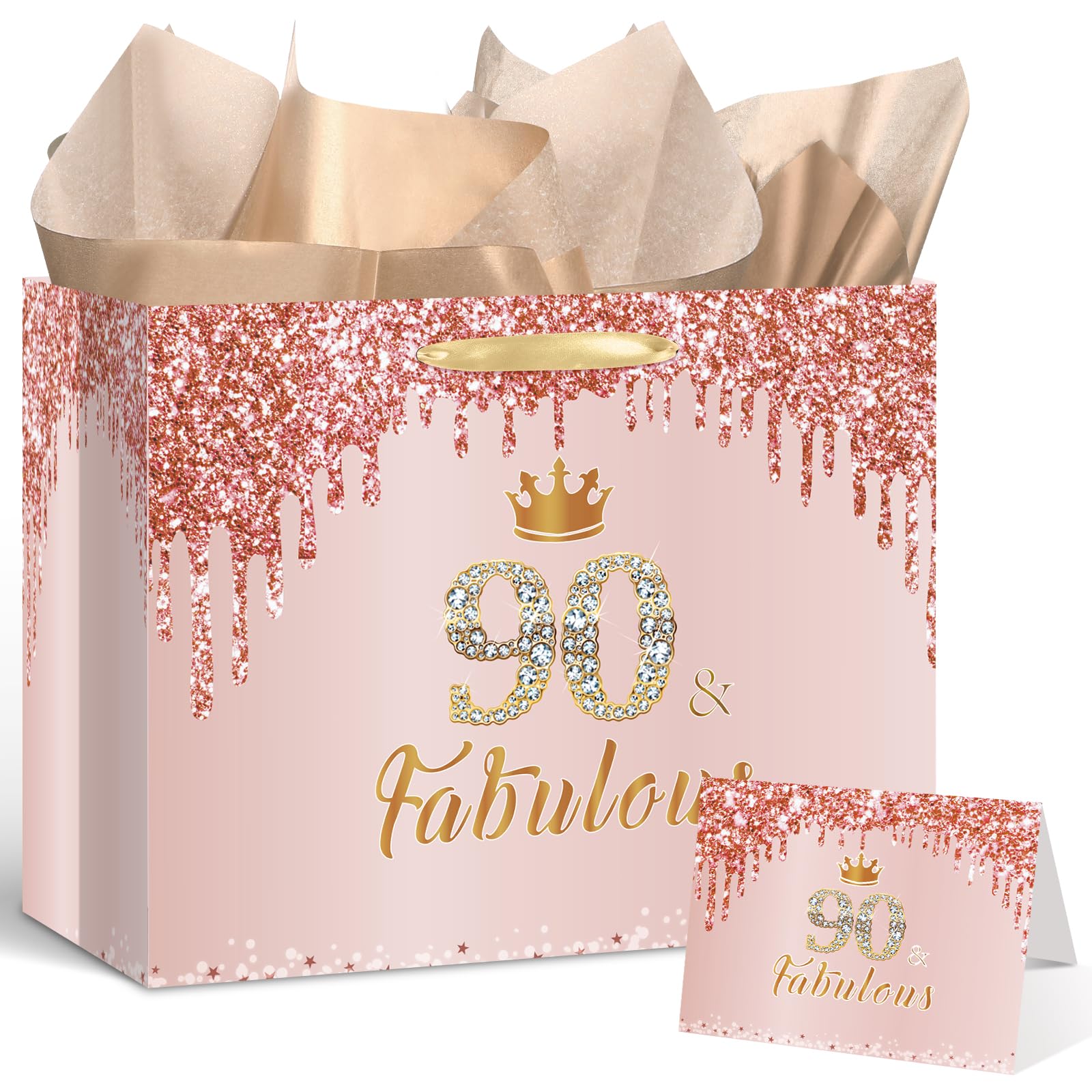 Yoirrat Rose Gold 90 Birthday Gift Bag for Women - Large Pink Happy 90th Birthday Gift Bag with Wrapping Paper and Card for Decorations Party Supplies