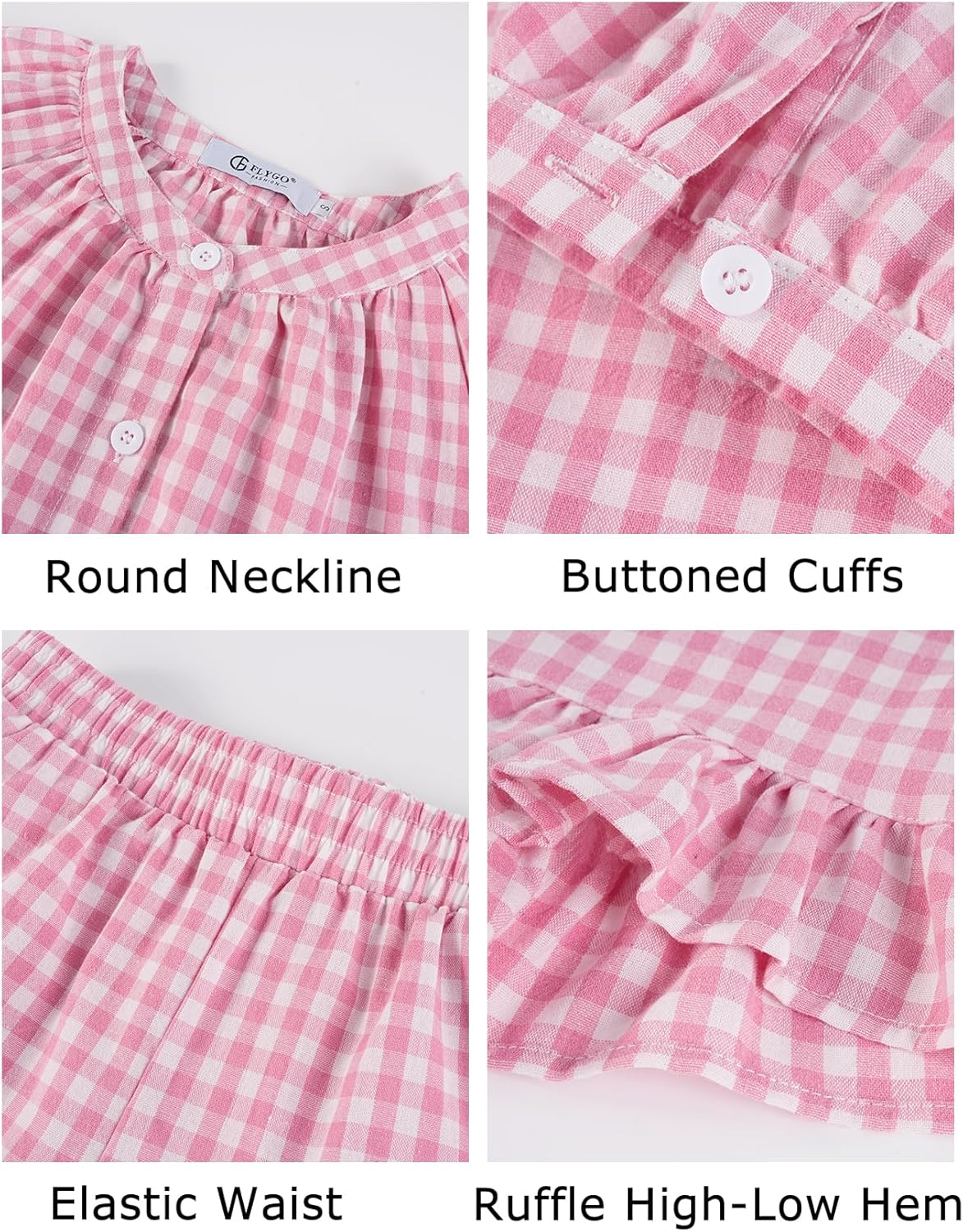 Flygo Girls Plaid 2 Piece Outfits Cotton Gingham Sets Cute Button down Ruffle Babydoll Top Shorts Sweatsuit Set 5-14 Years