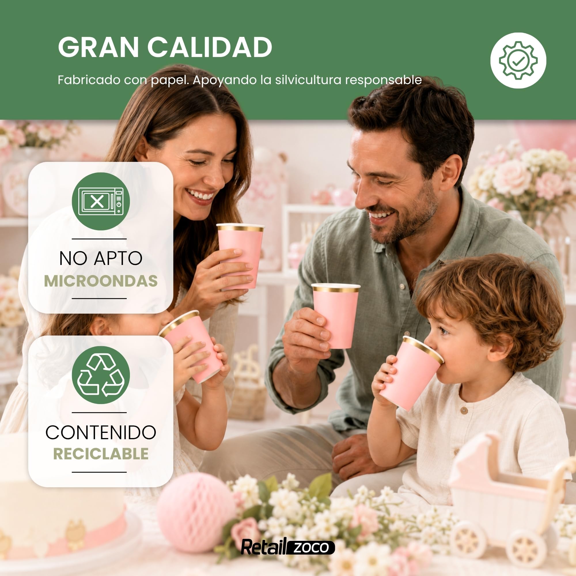 Vasos de cumpleaños, Vasos Desechables cartón, Diseño Rosa, 12 Unidades - imagen 5