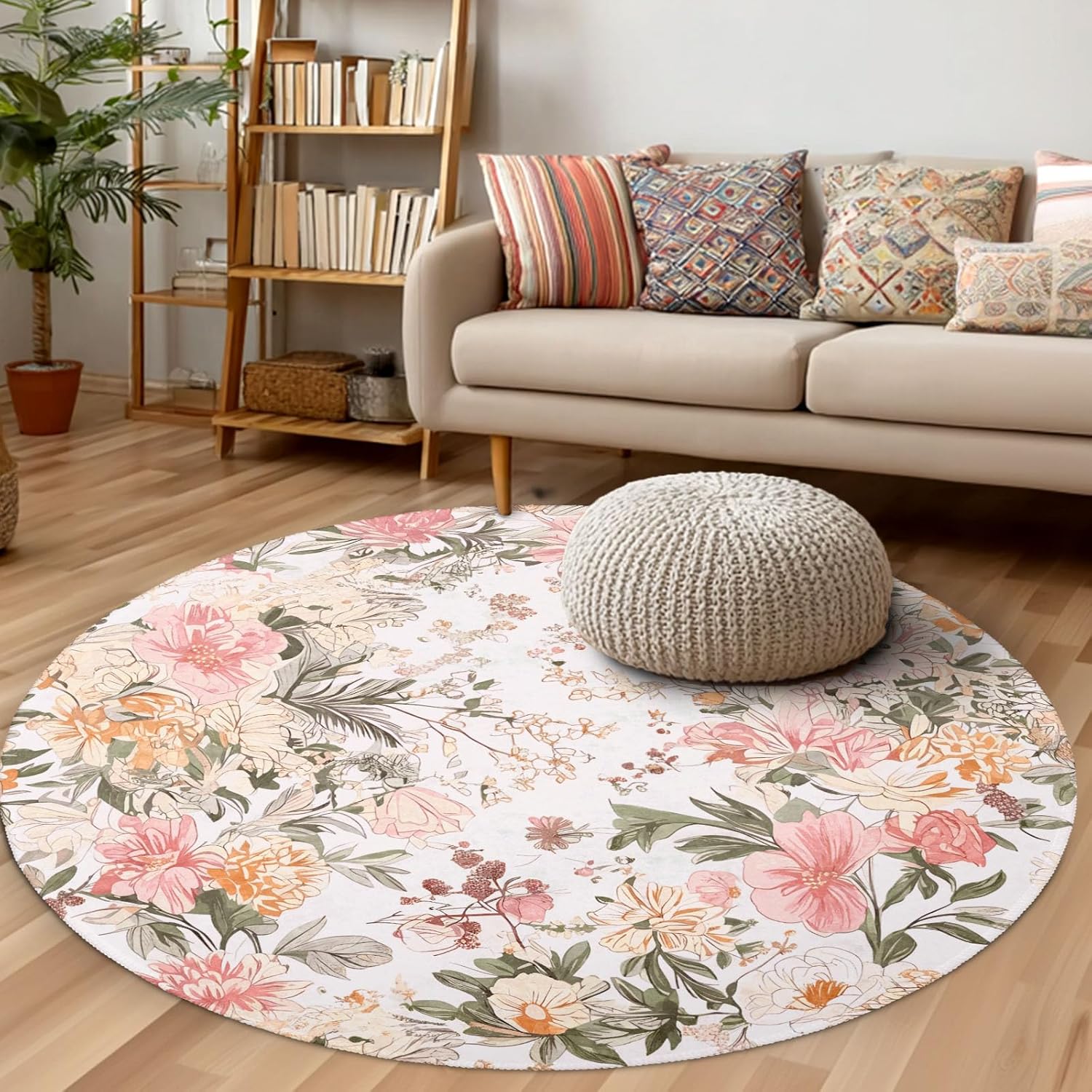 Pink Green Floral Round Area Rug 4ft,Machine Washable Boho Modern Oriental Flower Leaf Round Rug Non-Slip Circle Rugs Low-Pile,Indoor Floor Carpet Mat for Living Room Bedroom Kitchen Dining Entryway