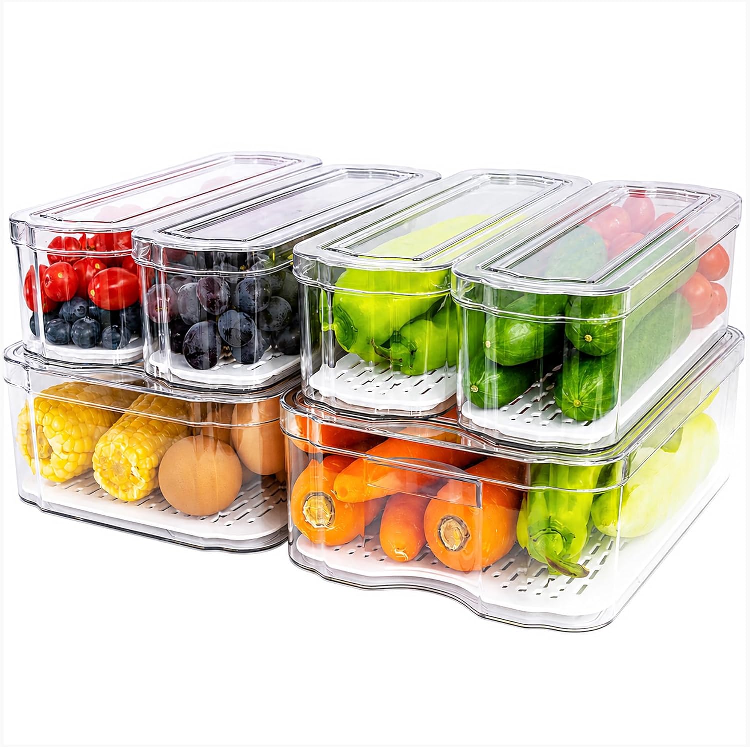 SMRCAD 10 Pack Clear Fridge Organizer Bins with Drain Trays - Stackable