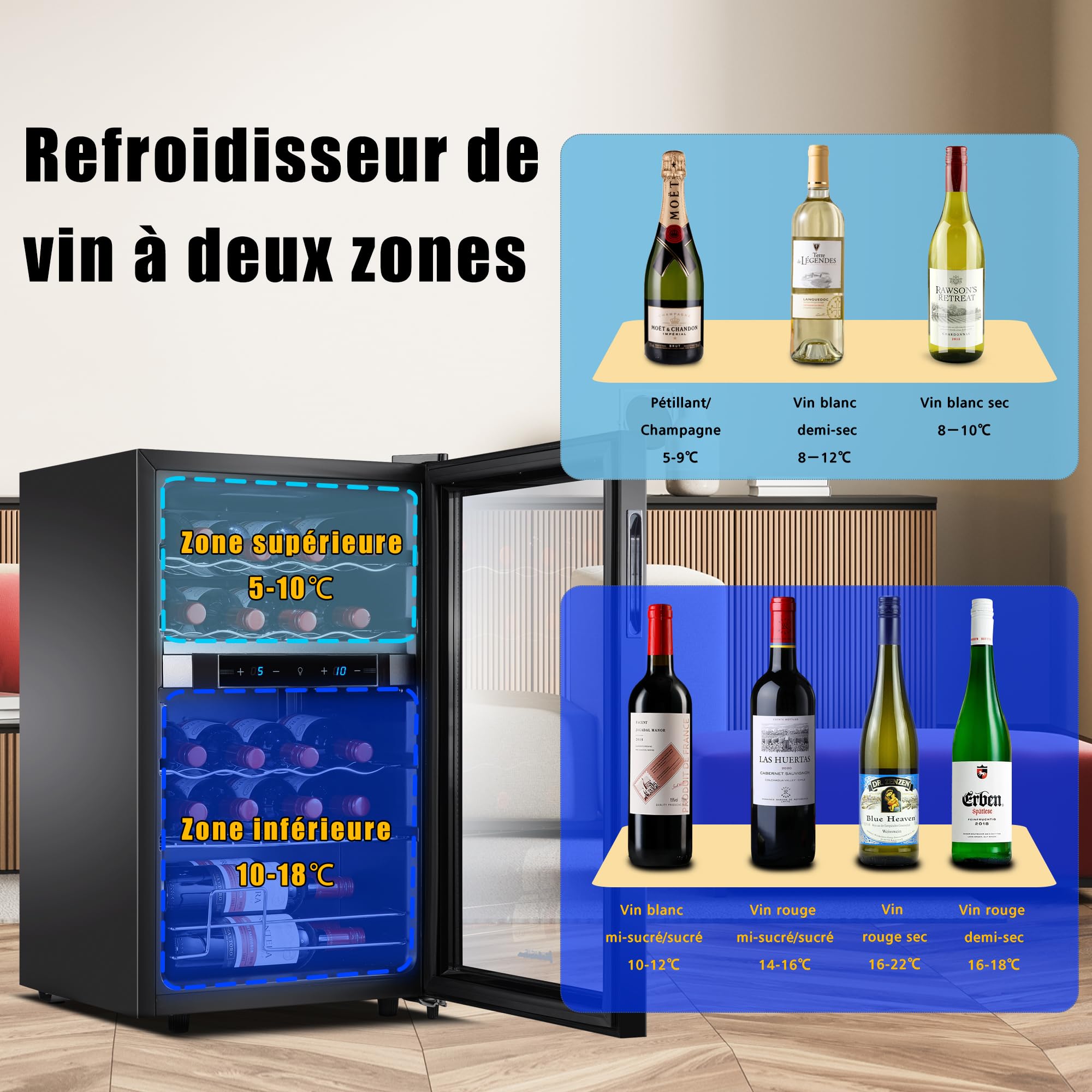Kalamera Frigorifero per vino 2 zone, pannello di controllo a sfioramento, porta in vetro nero, maniglia a scomparsa, frigorifero per bottiglie 20 litri, zona di raffreddamento 5-18°C, KRC-68BFG