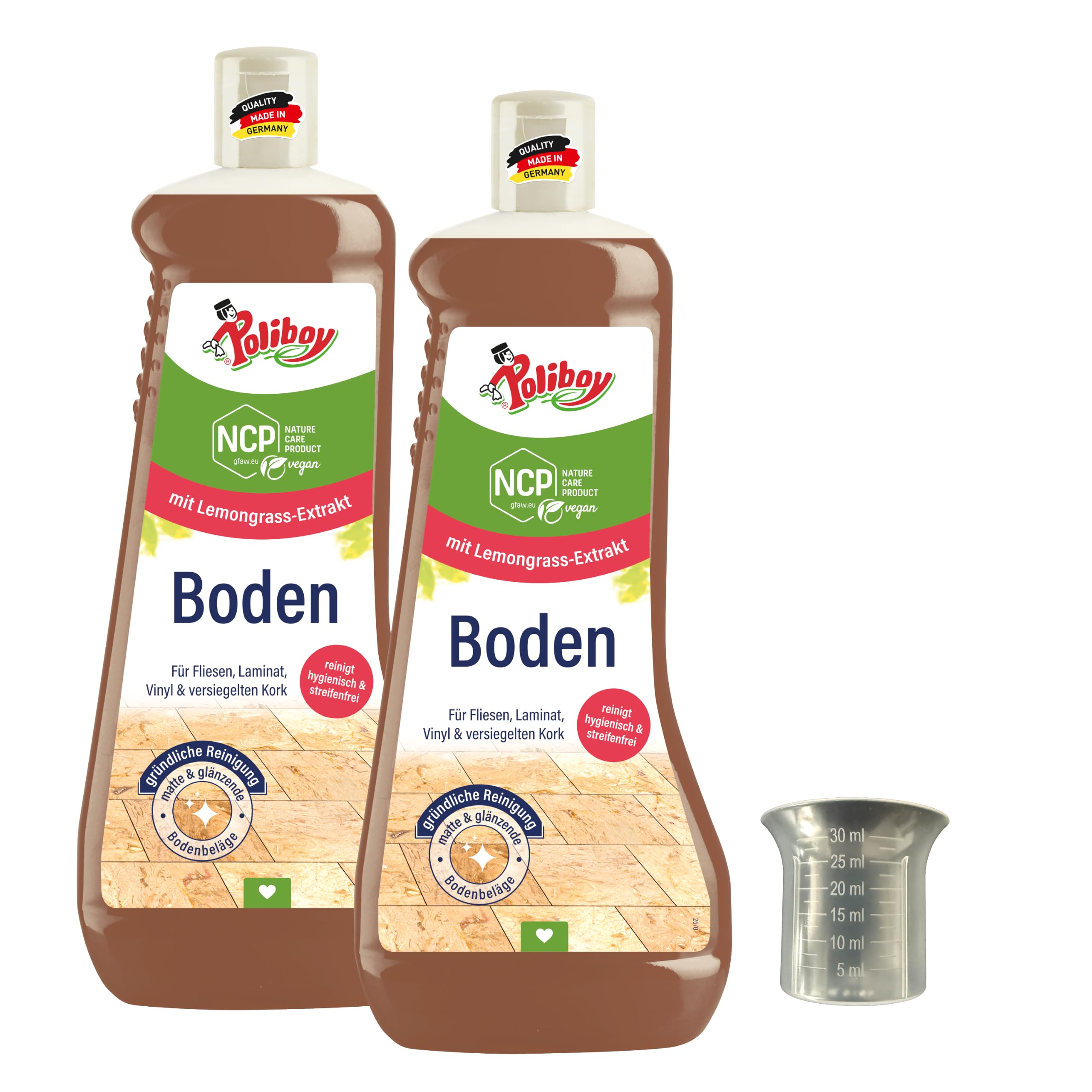 Limpiador de suelos Polliboy – Limpiador universal para suelos como baldosas, laminados y vinilo, limpieza profunda sin rayas, con aroma fresco, 2 x 1 L, incluye vaso dosificador