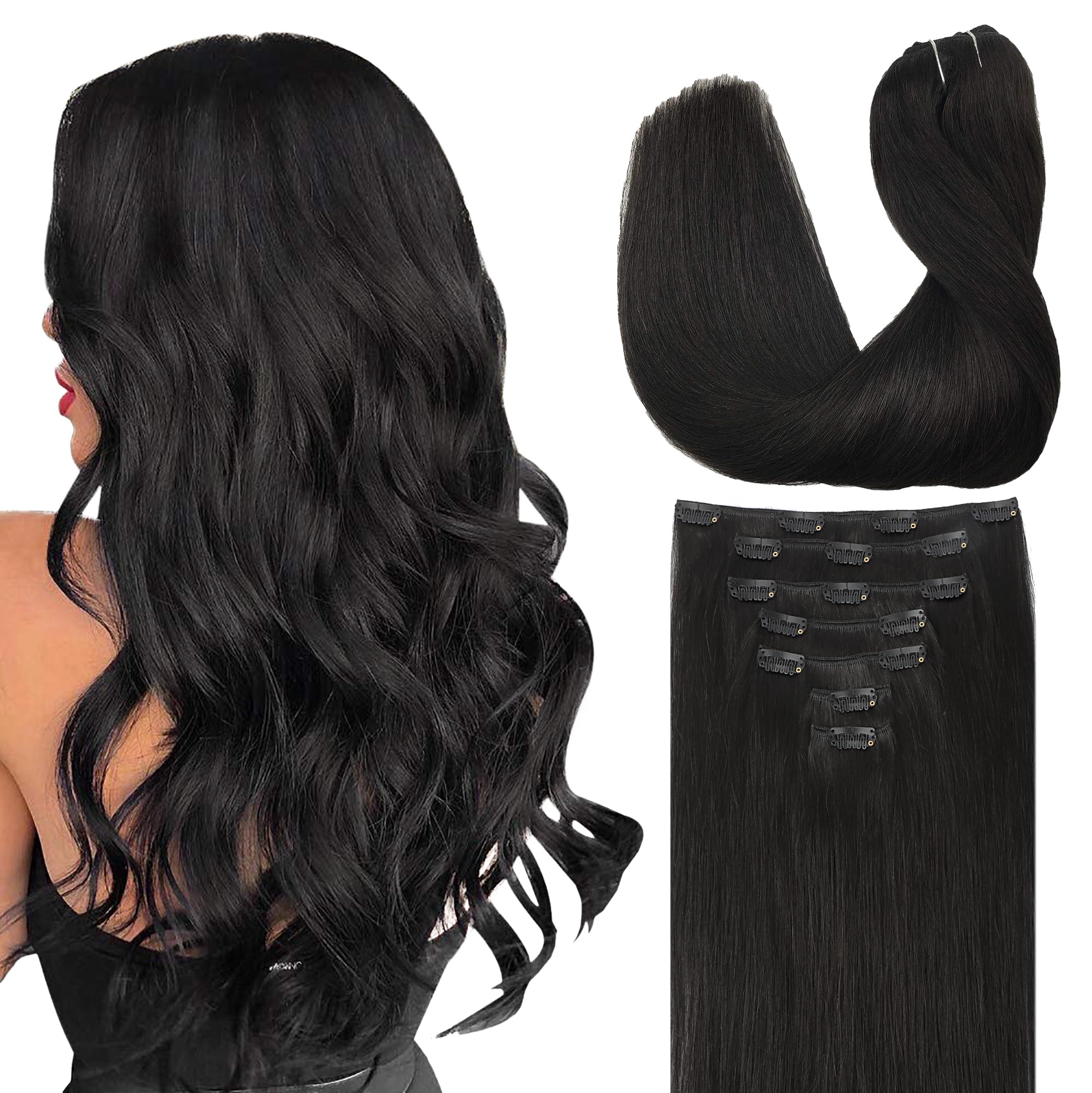 GOO GOO Clip in Hair Extensions Real Human Hair, Remy Human Hair Extensions Clip ins for Women, Natural Human Hair, 20inch 200g 7Pcs, #1B Natural Black