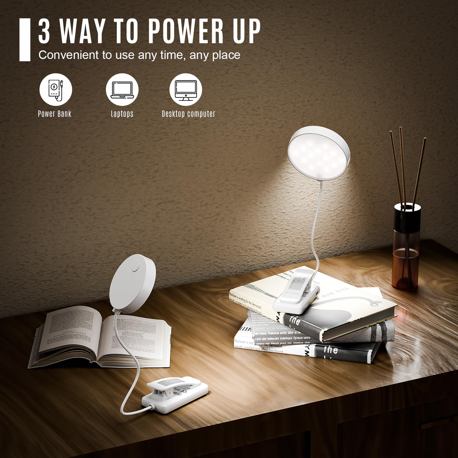 LQWELL® 31 LED Luz de Lectura, Luz de Lectura Recargable USB, 3 Temperaturas de Color, Atenuación Continua, Ángulo Flexible de 360° (Blanco, 1 Pieza)