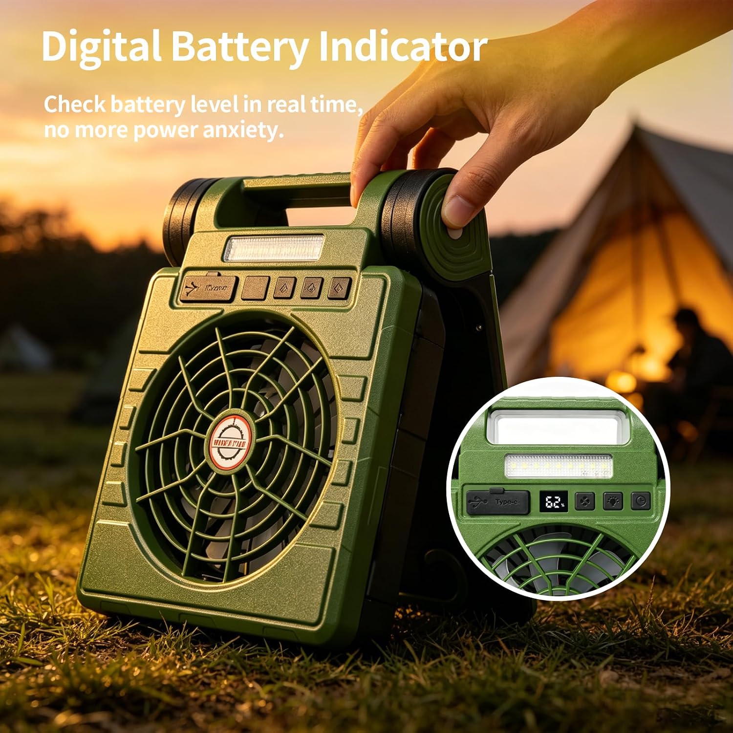 Solar Camping Fan Portable Outdoor Hanging Fan USB Rechargeable Solar Powered Camping Fan for Tent Fishing Picnic Large Wind Solar Outdoor Fan Rechargeable Desktop Hanging Dual Use(Green)
