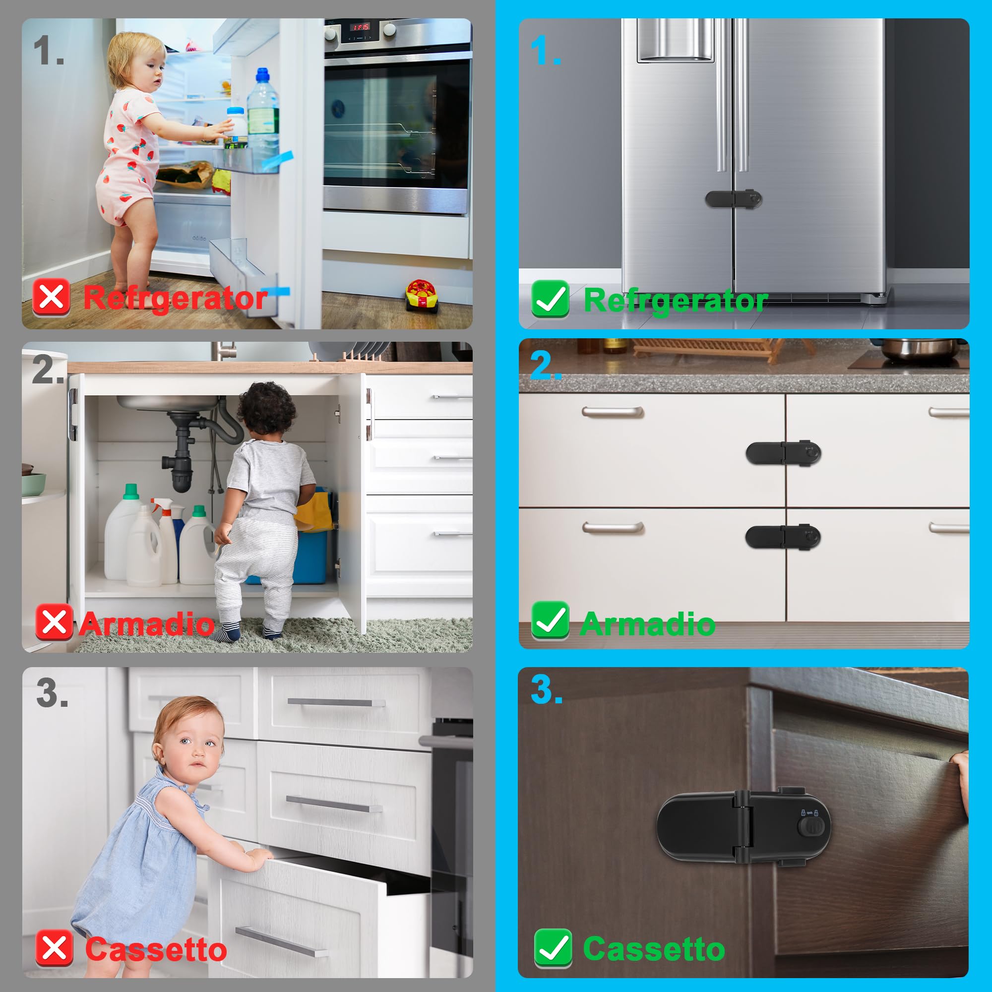 REDTRON Serrature per di sicurezza per bambini con doppio interruttore di sicurezza (4 pezzi, nero), blocca cassetti per bambini, facili da installare con adesivo 3M