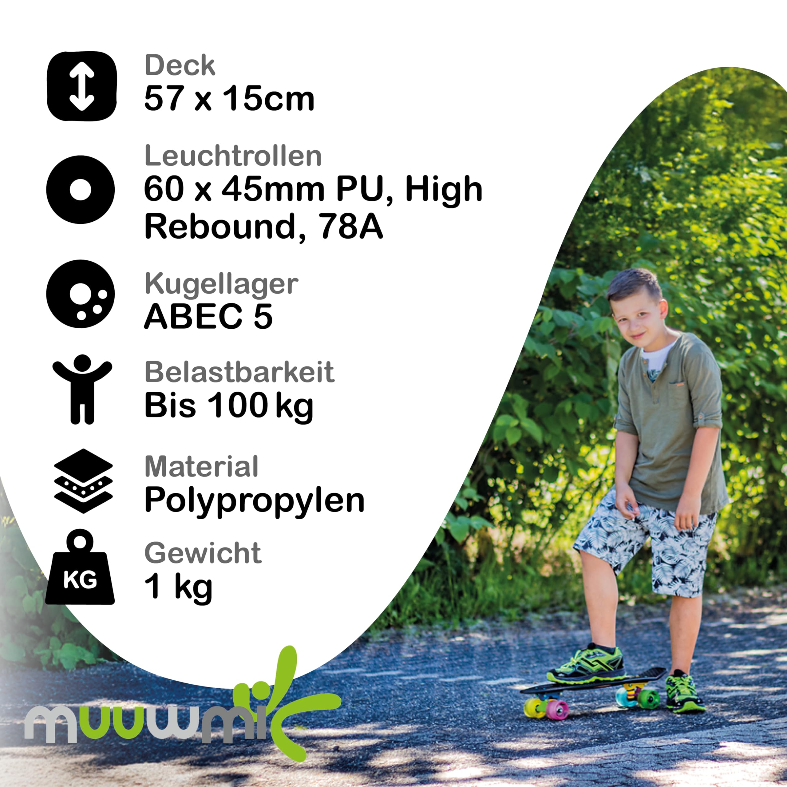 Muuwmi Skateboard Fun - Board Deck 57x15cm - ABEC 5 und PU-Rollen 60x45mm