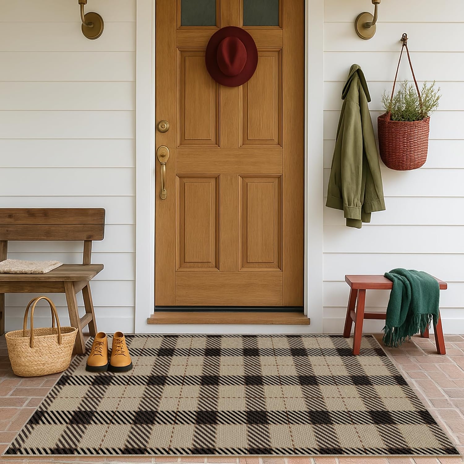 Easy Jute Neutral 4x6 Rugs for Large Entryway, Buffalo Plaid Outdoor Mat for Front Porch, Washable Rugs for Indoor Outdoor Area, Bedroom Bedside, Small Living Room, Non Slip Black and Brown Décor