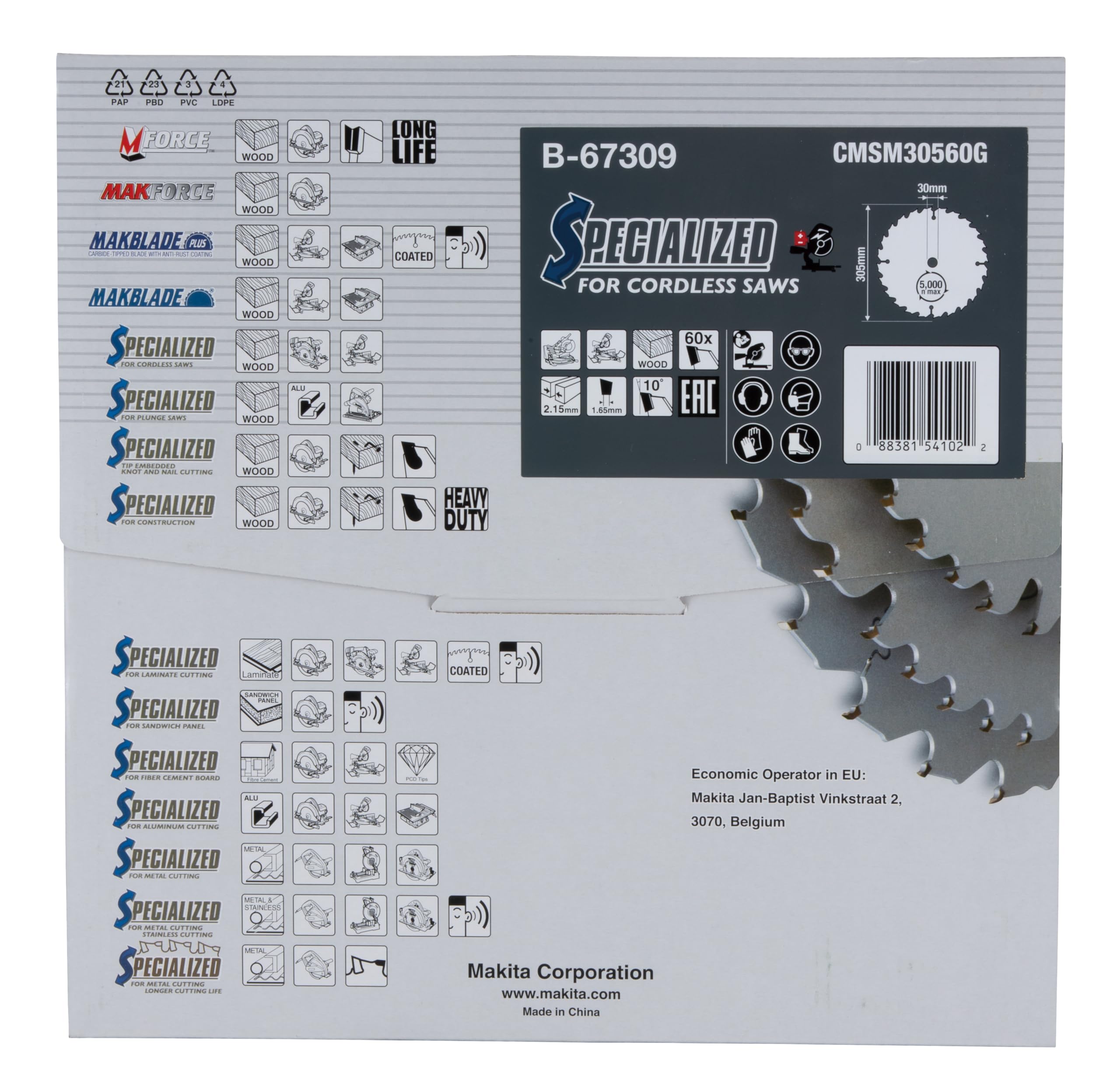 Makita B-67309 EFFICUT brzeszczot do piły tarczowej Ø 305 x 2,15 x 30 mm, 60 zębów, kąt zębów 10°, do czystych i szybkich cięć w drewnie, do akumulatorowych pił nasadowych i ukośnych
