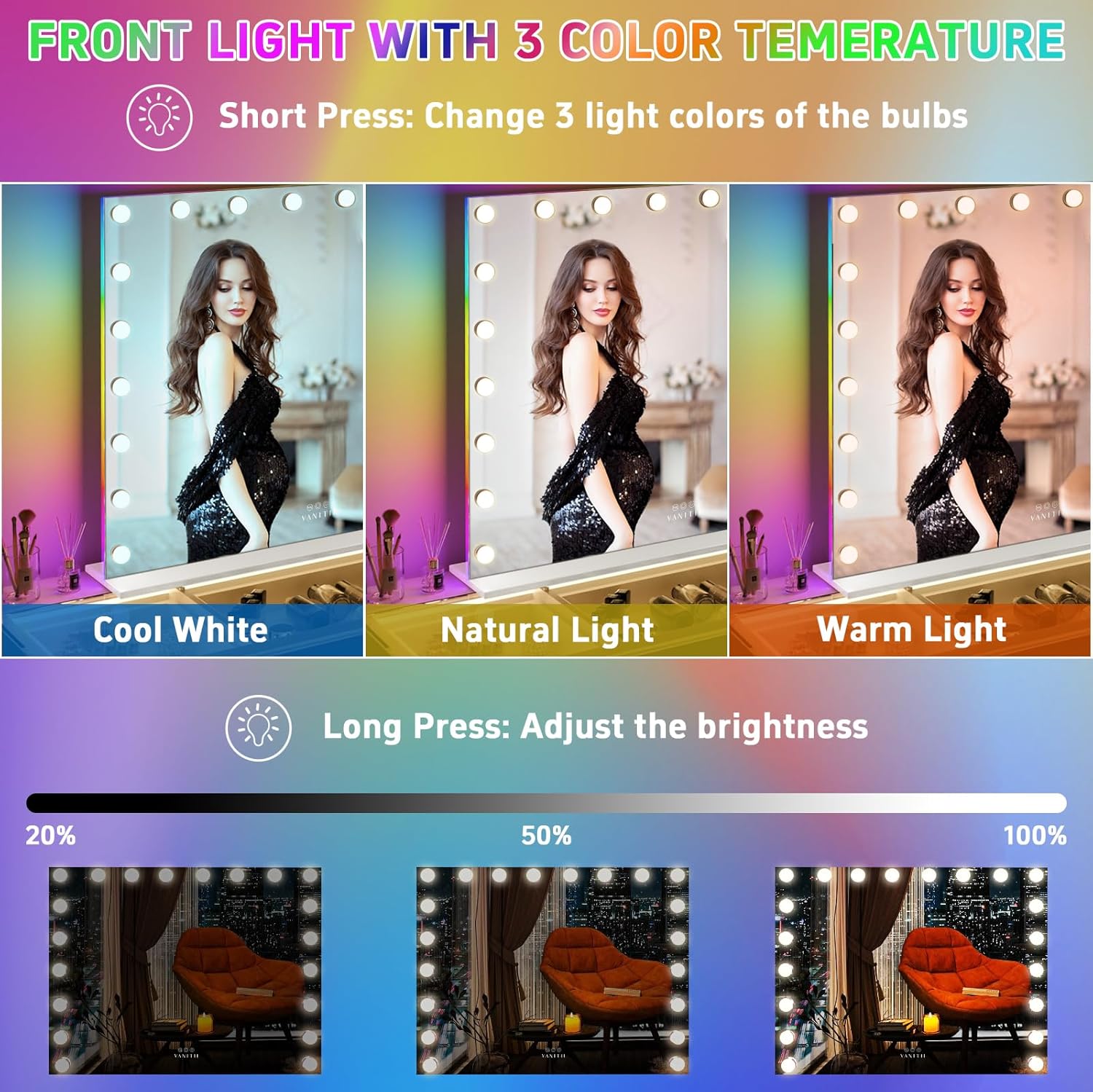 VANITII Large Vanity Mirror with 20 Bulbs Lights 40"x32" RGB Backlit Hollywood Makeup Mirror with Dimmable 3 Lighting Modes Lighted Desktop Wall-Mount Mirror with Smart Touch