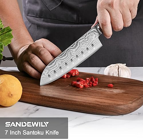 Miniatura 6 de SANDEWILY Cuchillo japonés Santoku de 7 pulgadas  Cuchillo de chef de cocina ultra afilado 7Cr17Mov con funda, hoja de acero inoxidable de alto