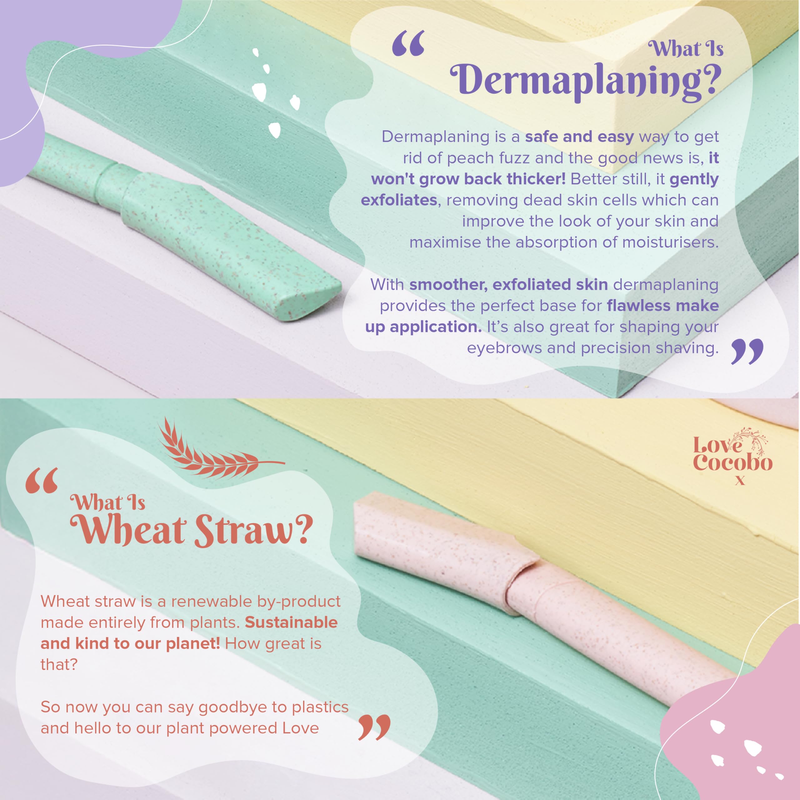 Love Cocobo Lame per dermaplaning per viso, rasoio per sopracciglia in paglia di grano ecologico, rasoi per il viso da donna, per la rimozione dei peli del viso da donna, per rimuovere la peluria alla