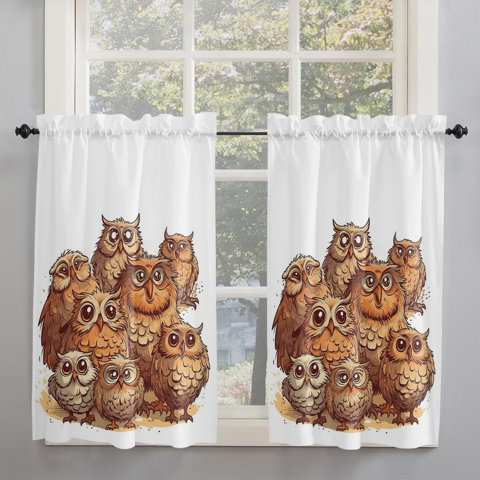 Brown Owl Window Short Curtains 54 Inch Length, Cute Cartoon Animals Watercolor Draw Rod Pocket Window Treatment Kitchen Drapes for Bedroom, Cafe, Living Room, 2 Panels, 52 W x 54 L
