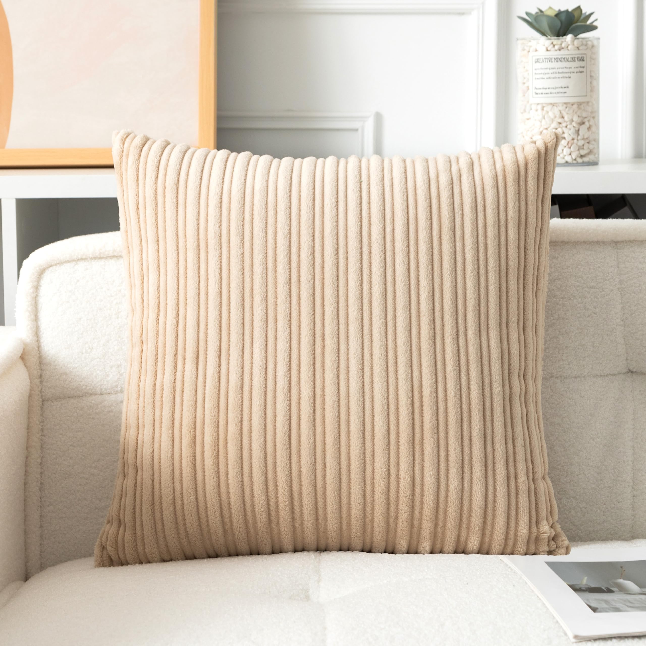 UGASA Velvet 24x24 Inch Soft Throw Pillow Cover Boho Farmhouse Decorative Corduroy Striped Both Sides Solid Square Cushion Case for Couch Bedroom Sofa Home, 1 Piece, Beige
