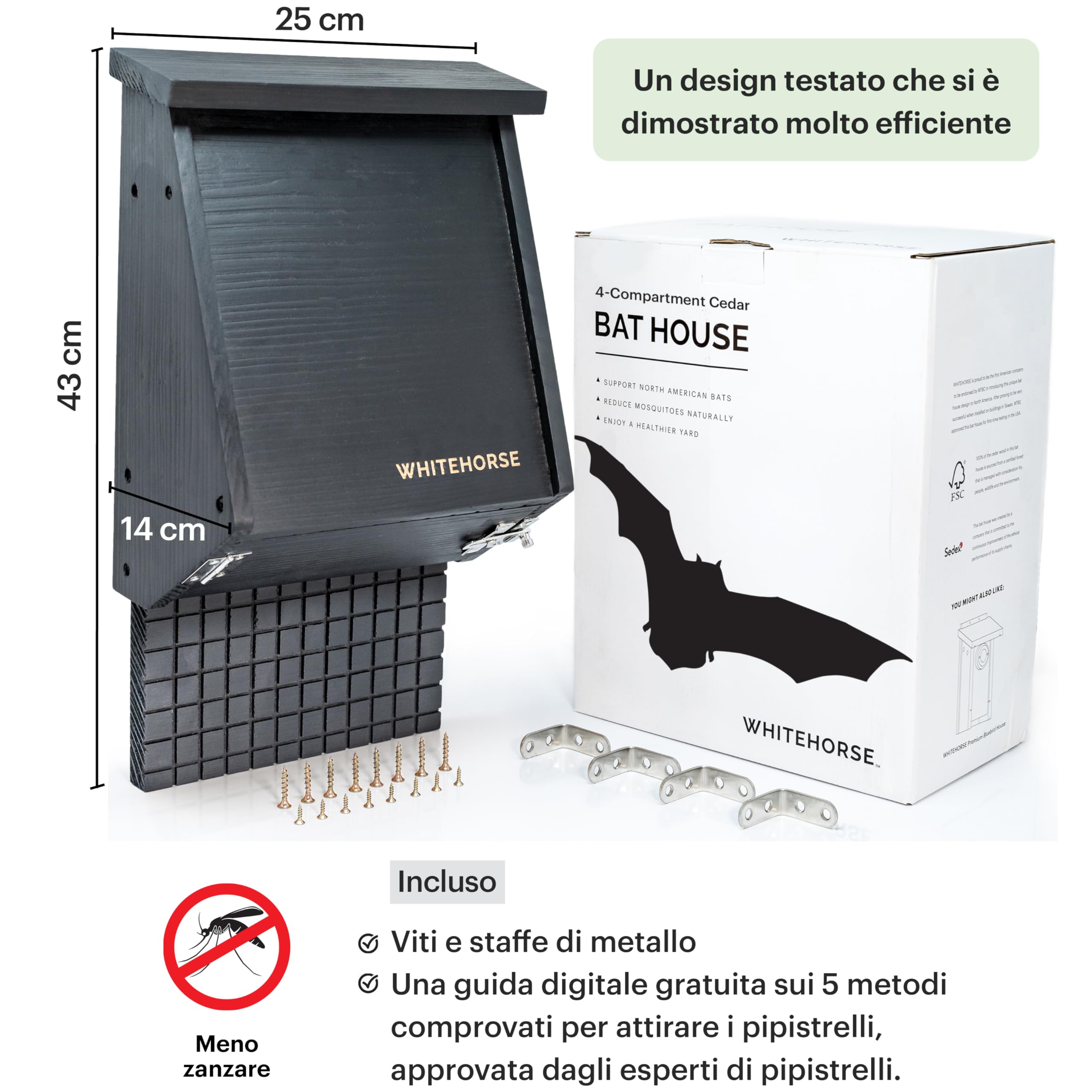 WHITEHORSE Casa per pipistrelli in cedro - Box per pipistrelli a 4 scomparti - Supporta i pipistrelli e goditi un giardino più sano con meno zanzare (Nero)
