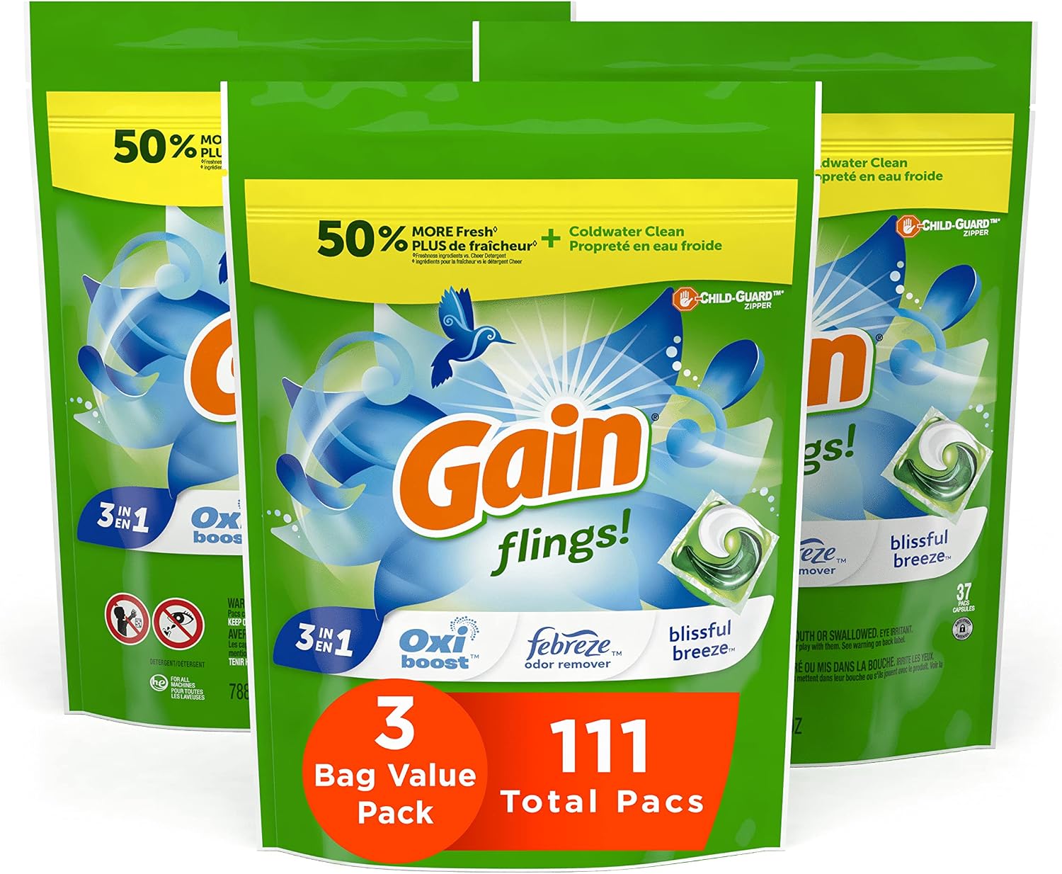 Gain flings! Liquid Laundry Detergent Soap Pacs, HE Compatible, 3 Bag Value Pack, 111 Count, Long Lasting Scent, Blissful Breeze Scent