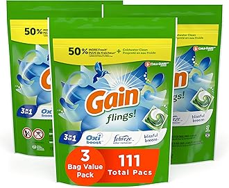 Gainflings! Liquid Laundry Detergent Soap Pacs, HE Compatible, 3 Bag Value Pack, 111 Count, Long Lasting Scent, Blissful Breeze Scent