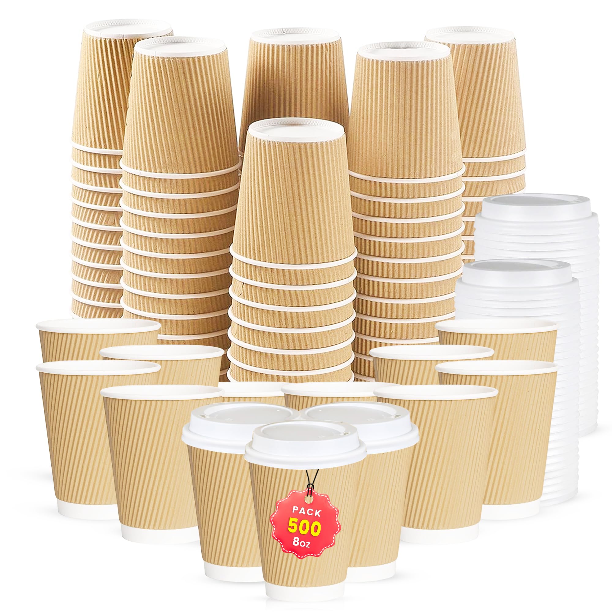 CHEF ROYALE 500x 8oz Kraft Disposable Coffee Cups Without Lids - Insulated Triple Walled Takeaway Cups for Hot and Cold Drinks - Ripple Cups for Christmas, Birthdays, Parties (500, Kraft)