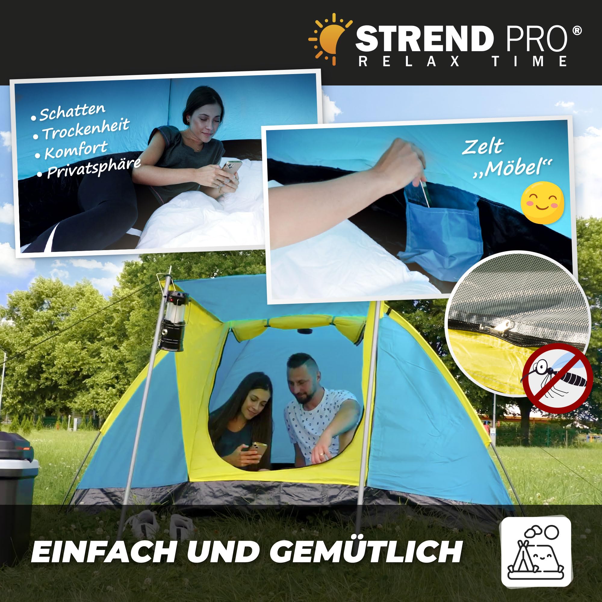 STREND PRO Campingzelt 4 Personen 205x205x120 cm – Zelt MIT VORZELT - Wurfzelt mit Markise, Kuppelzelt Wasserdicht, großes Zelt für Urlaub & Festival