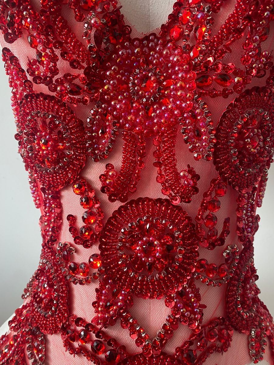 Pure Handmade Bodice lace Rhinestones Applique Sewing Stones Beads Crystal Trimming Patches Accessories for Girl Weding Dress Decorations 12.5X21inches (Red)