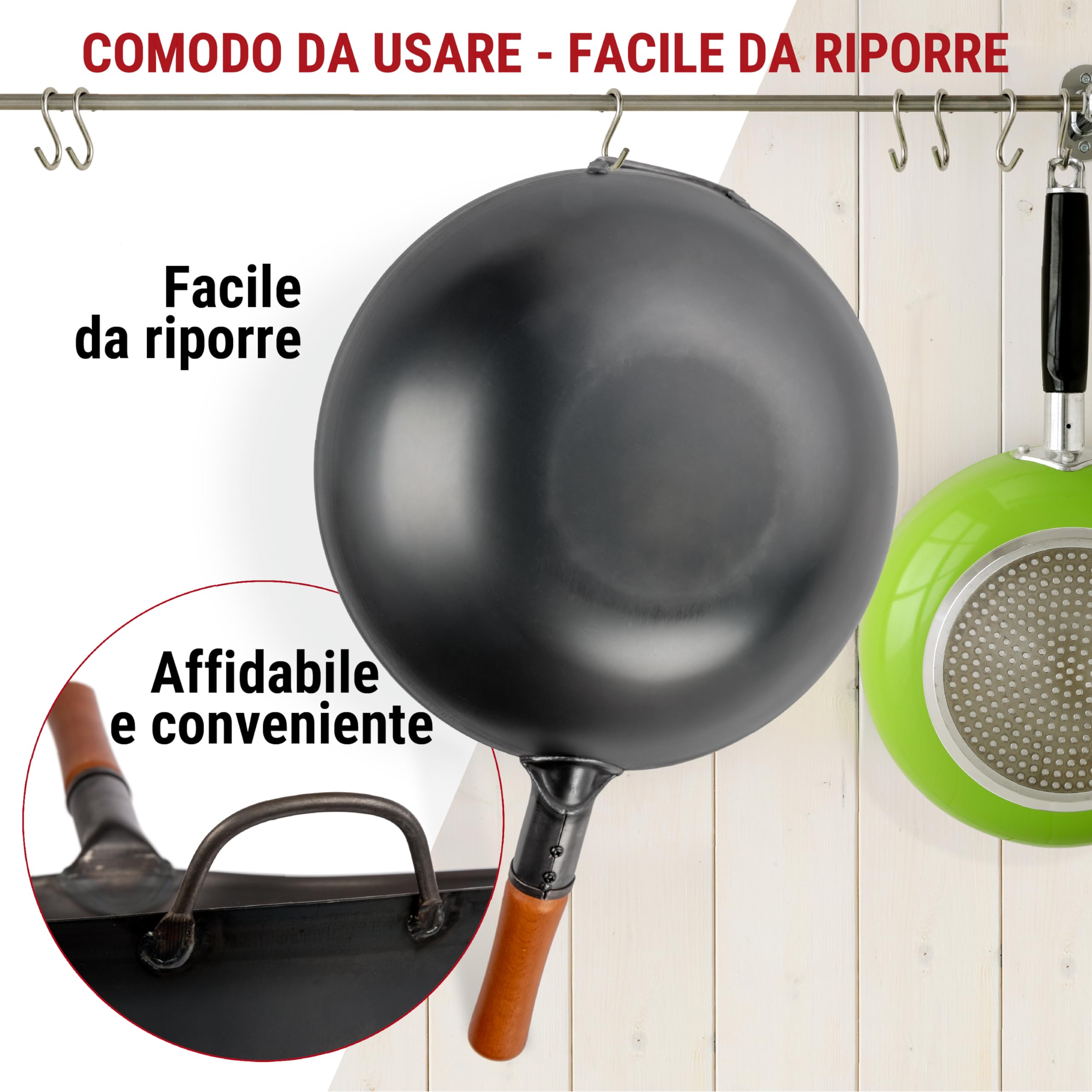 YOSUKATA Wok Padella Professionale 34 cm - Tradizionale Wok Acciaio al Carbonio Fondo Piatto Precondizionato Cinese Originale - Adatto a Gas, Induzione, Elettrico e Fuoco Aperto (Nero)