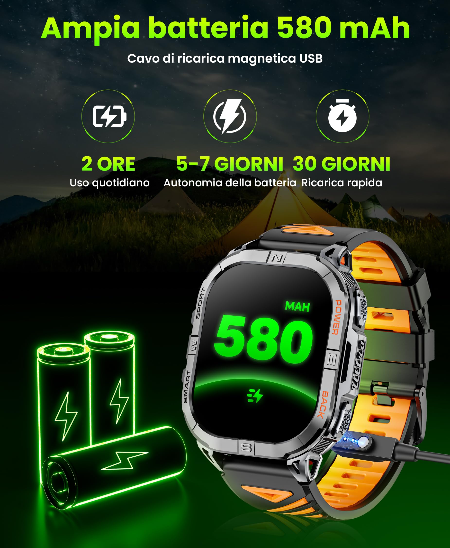 GPS Smartwatch Uomo, 2,13" AMOLED Militare Orologio con LED Torcia, Bussola,100+ Modalità Sportive, Monitoraggio della Salute, Chiamate Bluetooth per Android iOS (Nero)