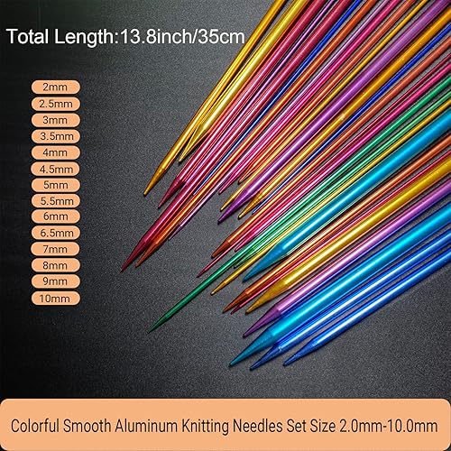 Miniatura 2 de Hobekoee Juego de 60 agujas de tejer de aluminio, color recto, de acero inoxidable, de un solo punto, longitud de 13.8 pulgadas para tejer a mano